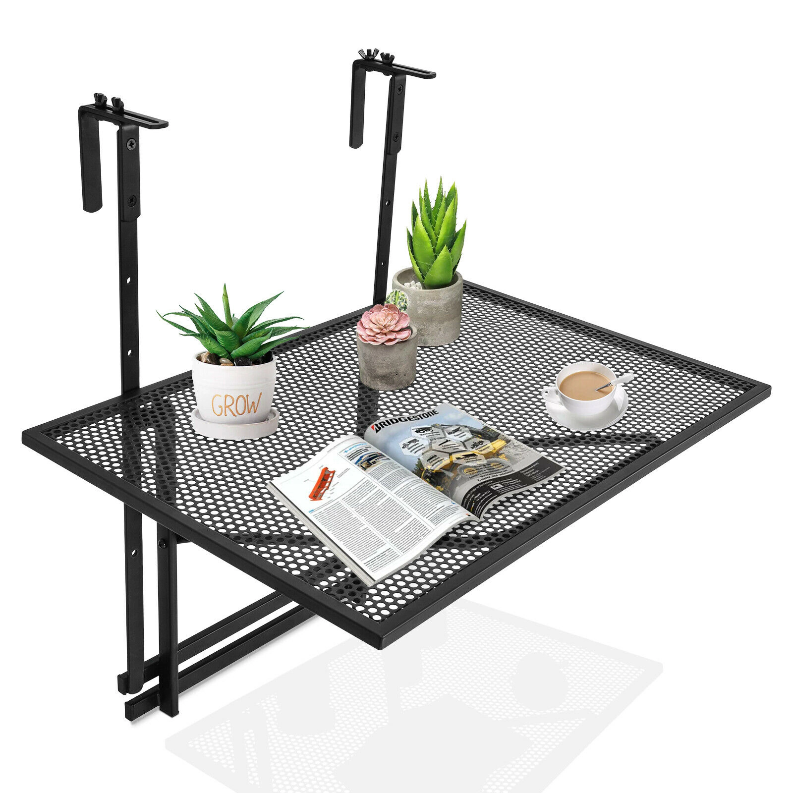 SUGIFT Foldable 50-lb Capacity Black Iron Railing Plant Stand with 24-in to 32.5-in Adjustable Height