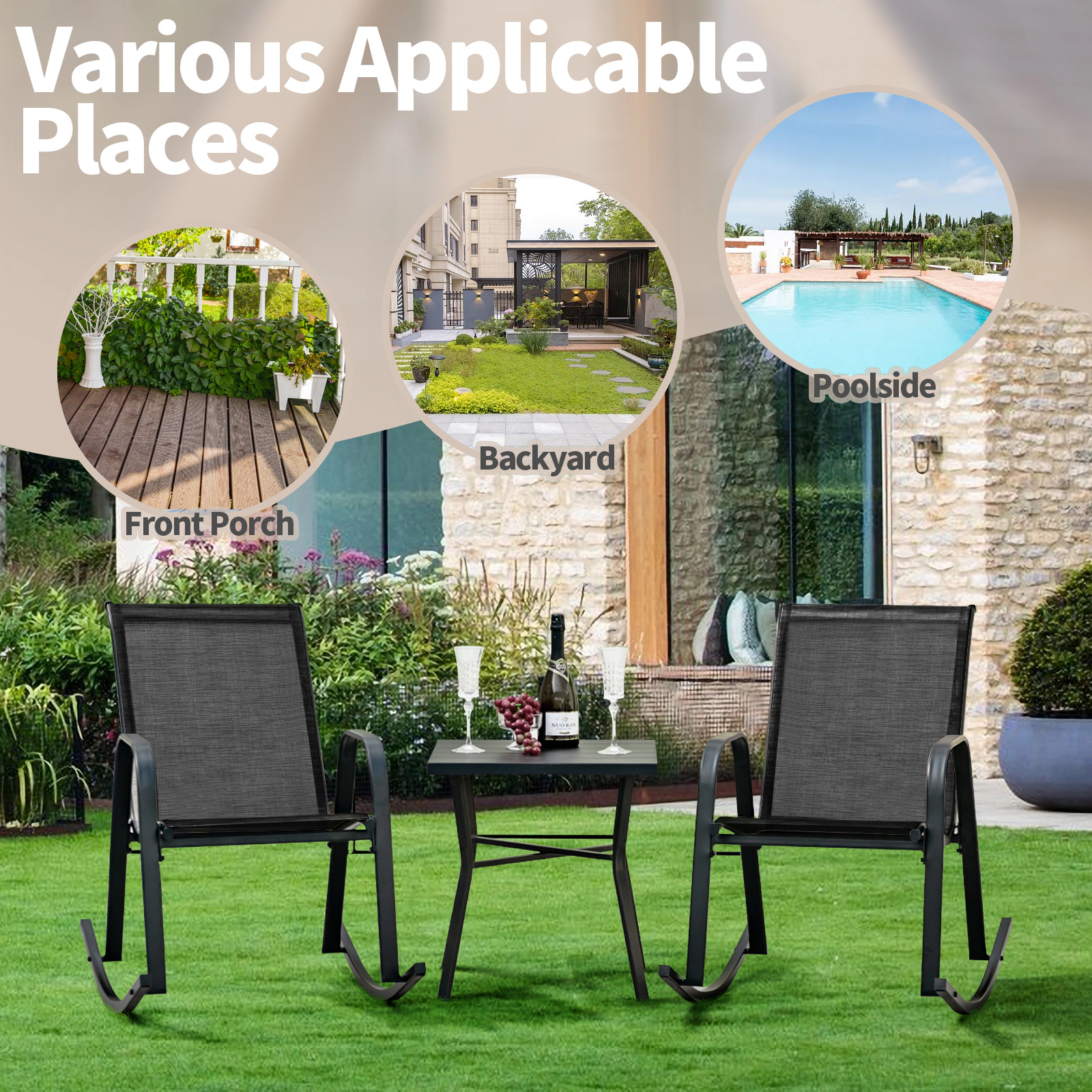 SUGIFT Set of 2 Metal Patio Rocking Chairs with Breathable Seat Fabric Metal Frame 330-Lb Capacity Black
