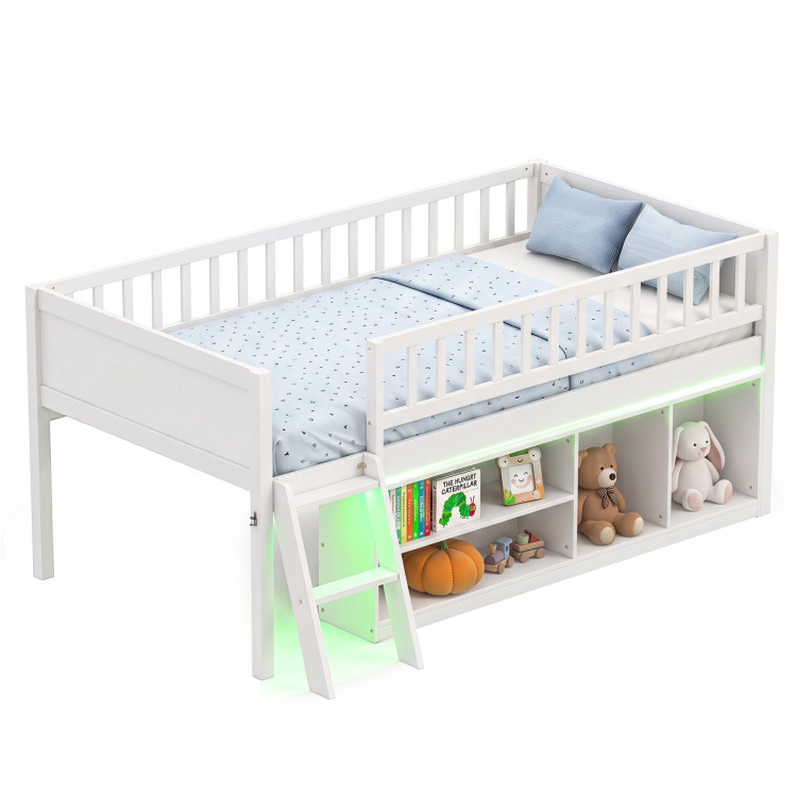 SUGIFT Twin Size 400-lb Capacity White Solid Wood Low Loft Bed with LED Lights Side Bookcase and Guardrails