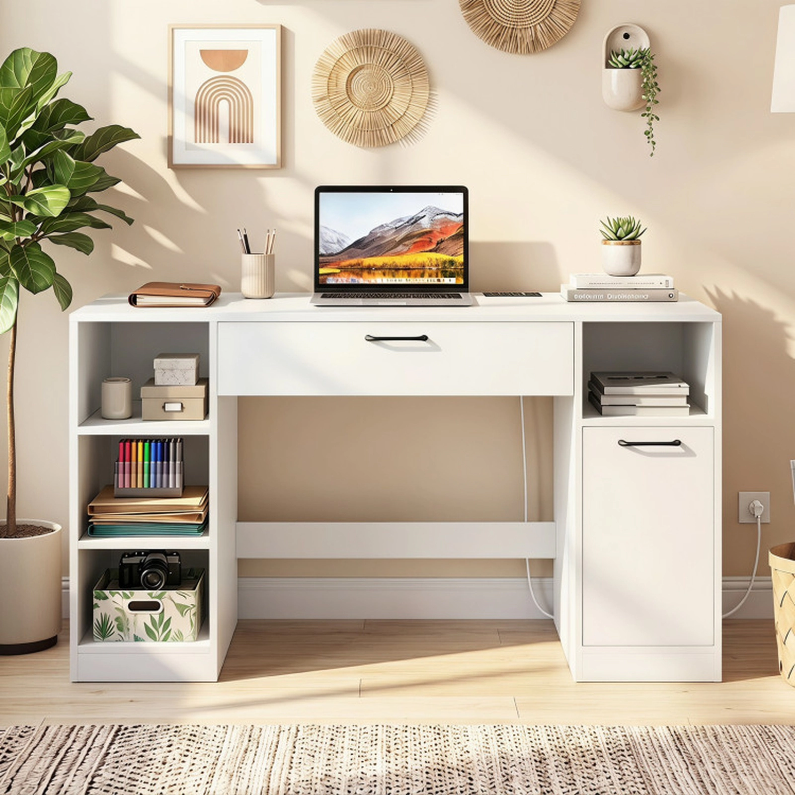 SUGIFT 53-in 110-lb Capacity White Craft Station Desk with 2 Drawers 5 Removable Shelves and Power Outlets