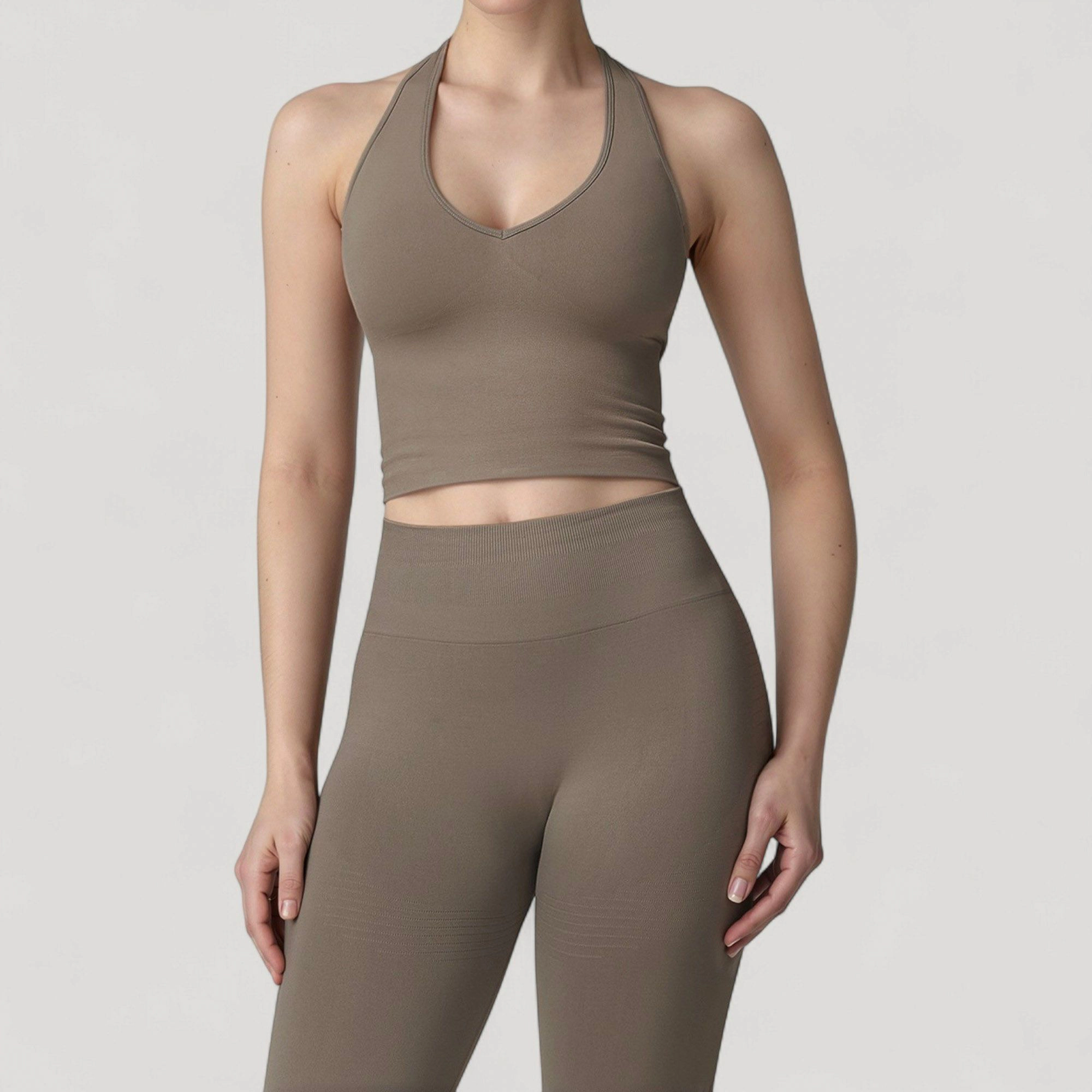 Anna-Kaci Women's Seamless Ribbed Knit Halter Crop Top with V-Neckline and Built-In Support