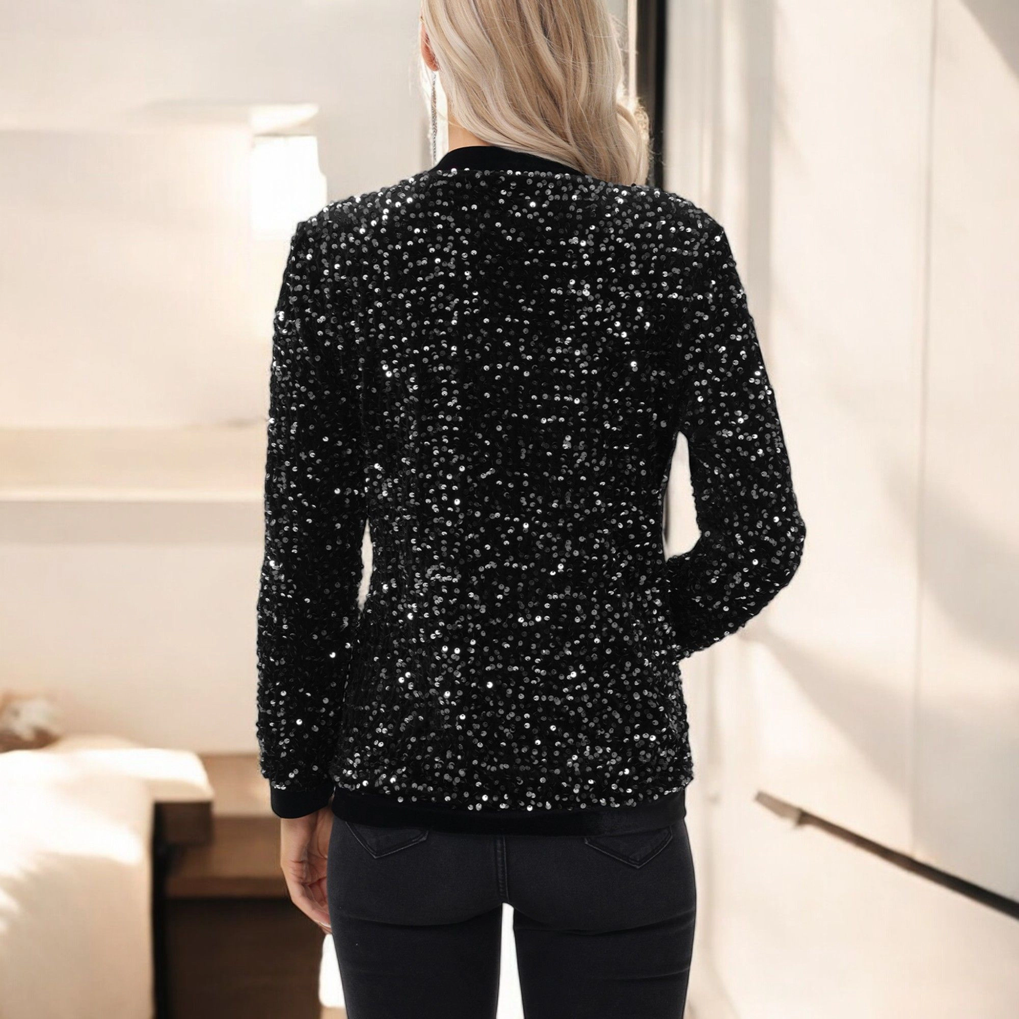 Anna-Kaci Women's Long Sleeve Open Front Sequin Jacket with Satin Trim