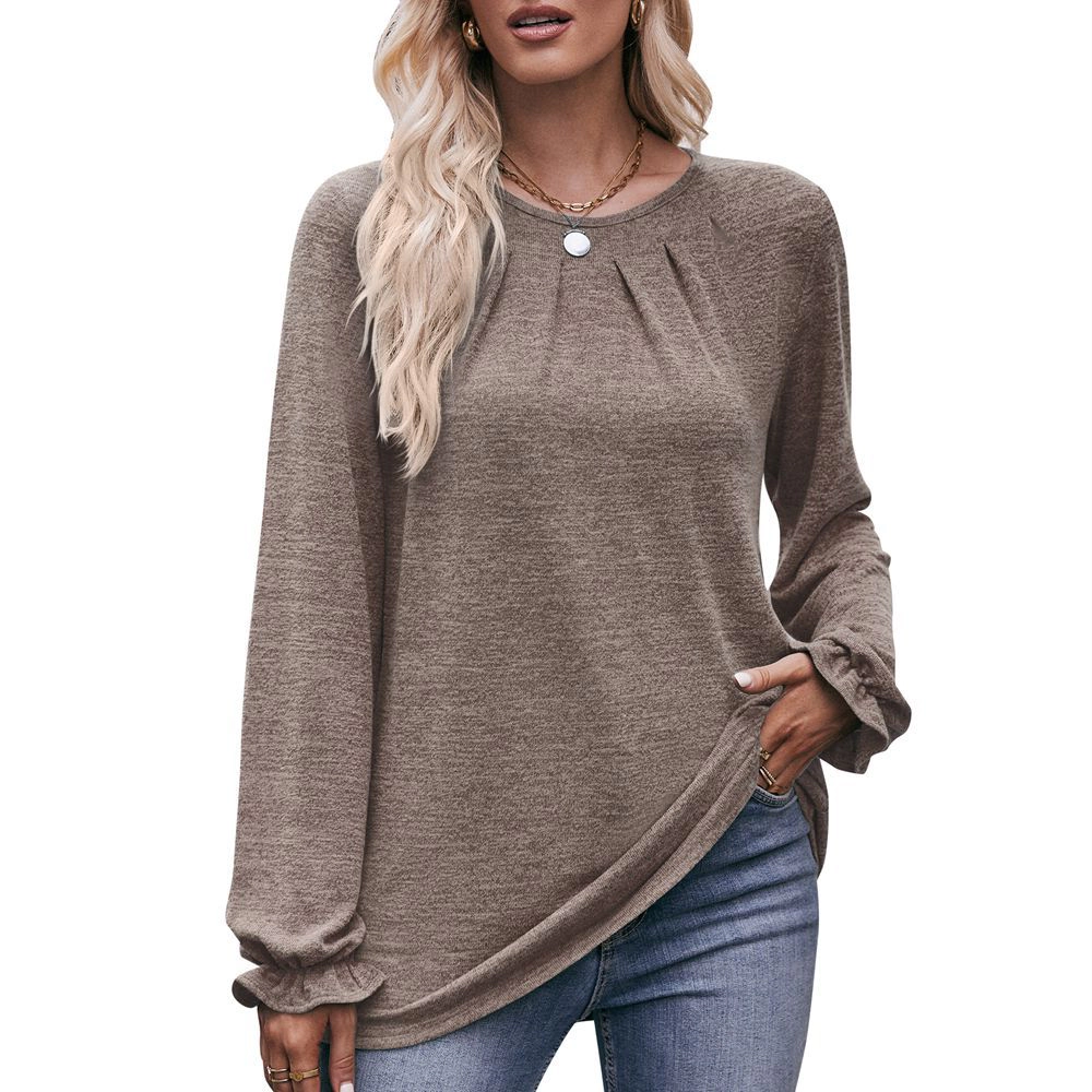 Premium Charms Women's Long Sleeve Tops Leisure Round Neck Pleated Brushed Shirt