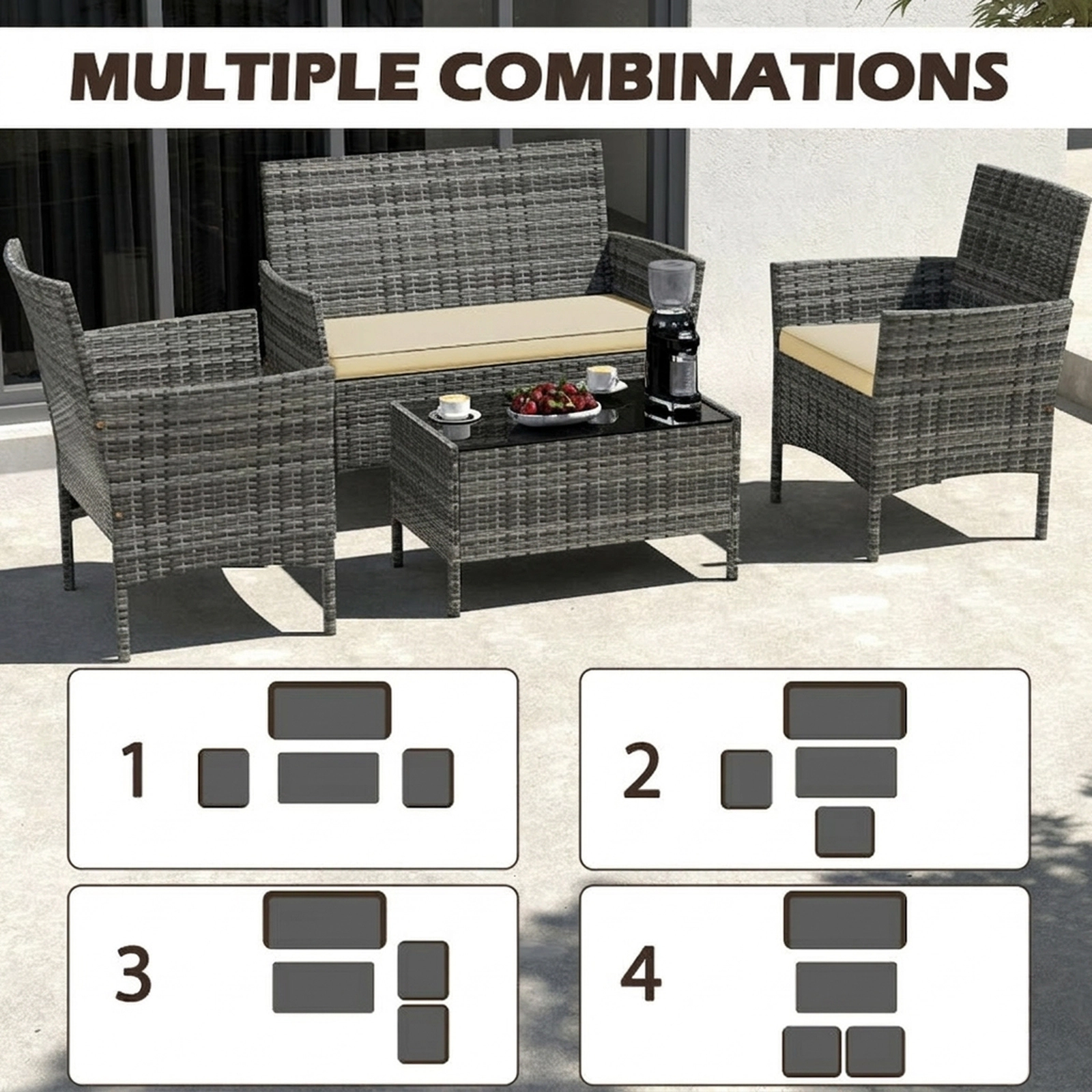 SUGIFT Rattan Conversation Set Tempered Glass Coffee Table 800-lb Loveseat 400-lb Chairs 110-lb Table Capacity Beige