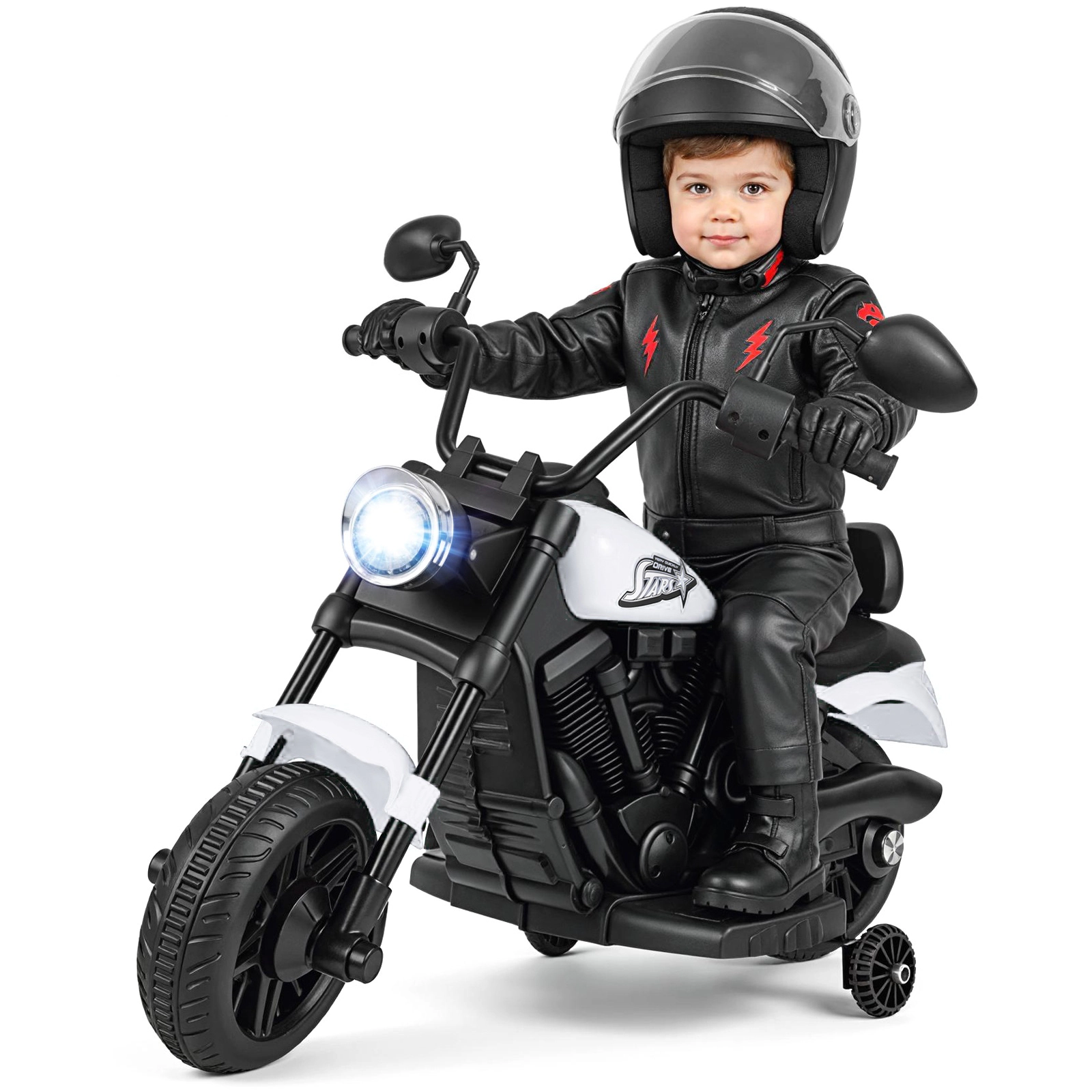 SUGIFT 6V Kids Motorcycle Headlight & Music with Training Wheels 66-lb Capacity over 18 Months 31 x 23 x 22 in White