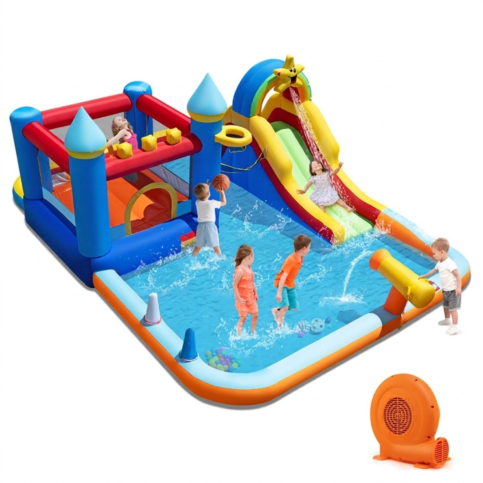 SUGIFT Inflatable Water Slide Park Bouncy Castle with Climbing Wall 200-lb Capacity Ages 3-12 Colorful with 750W Blower