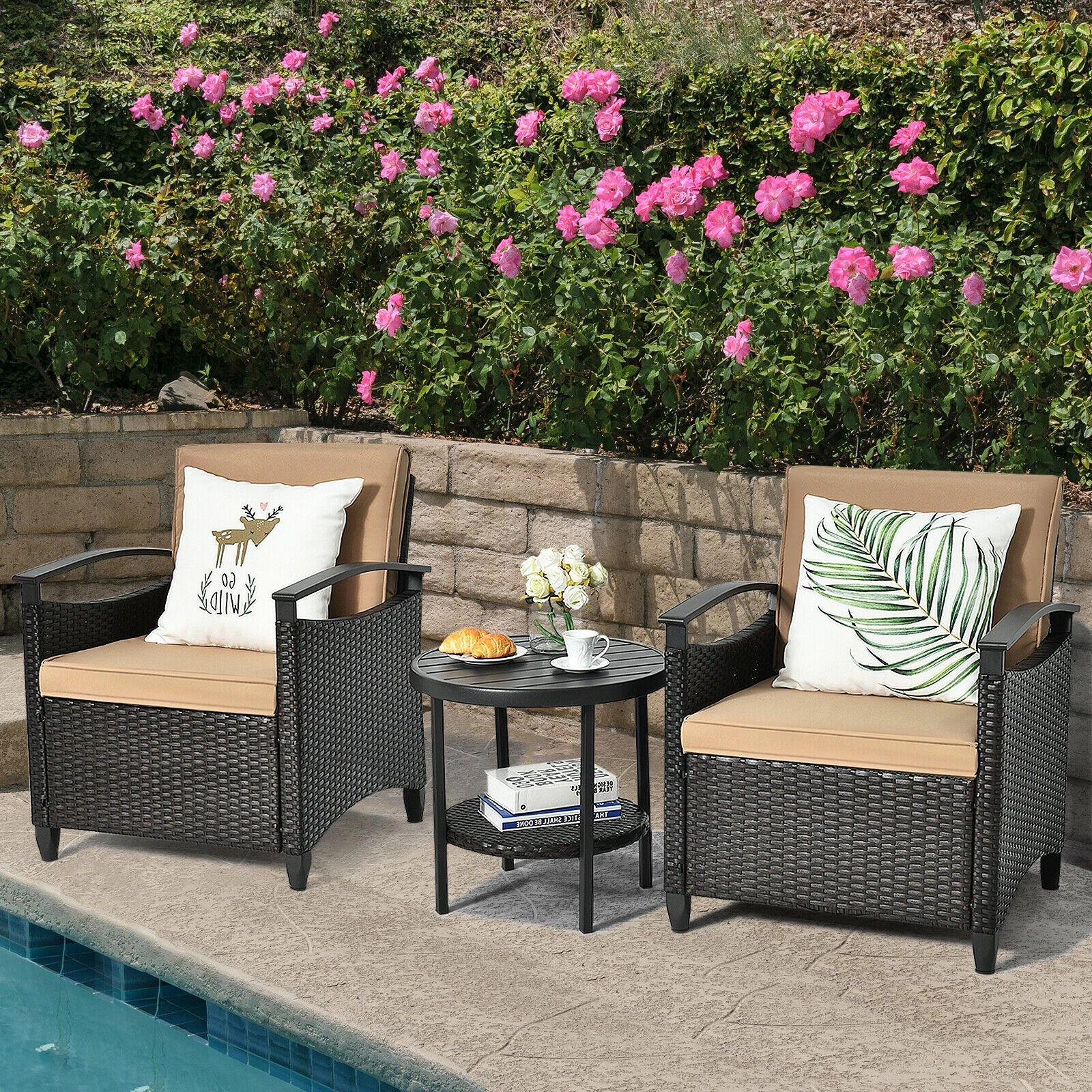 SUGIFT 3-Piece Patio Rattan Furniture Set, Beige Cushioned Sofas with Storage Shelf Table