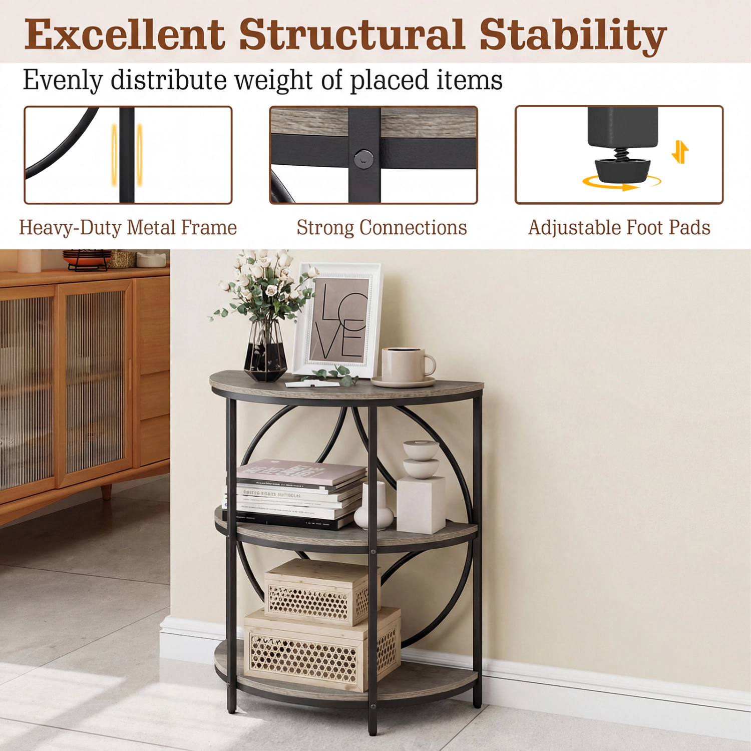 Glintex 3-Tier Half-Round End Table with Wood-Look Top and Metal Frame