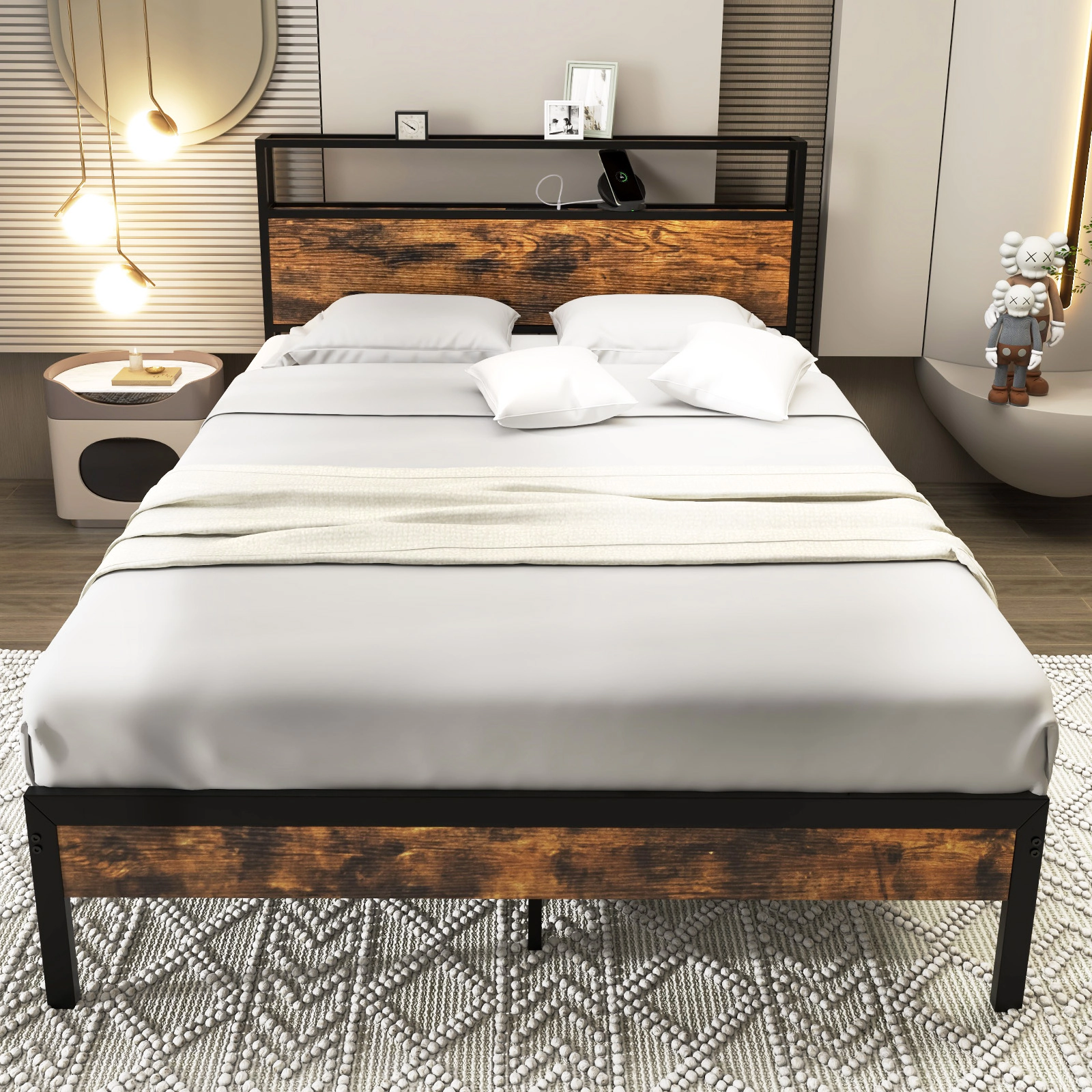 SUGIFT Full Bed Frame with 2-Tier Storage Headboard, Charging Station and 18W USB-C Port, Rustic Brown