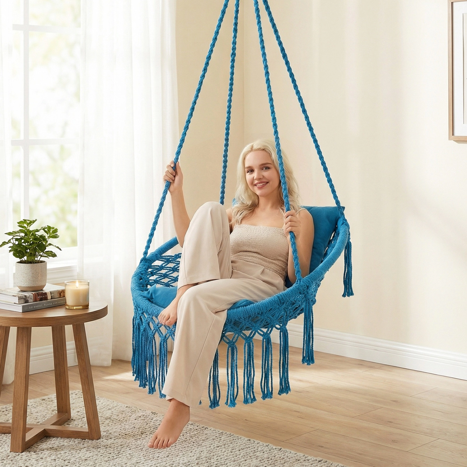SUGIFT Macrame Swing Hammock Chair Metal Frame 330-lb Capacity 2 Removable Cushions 39-in Wide Beige Black Gray Blue