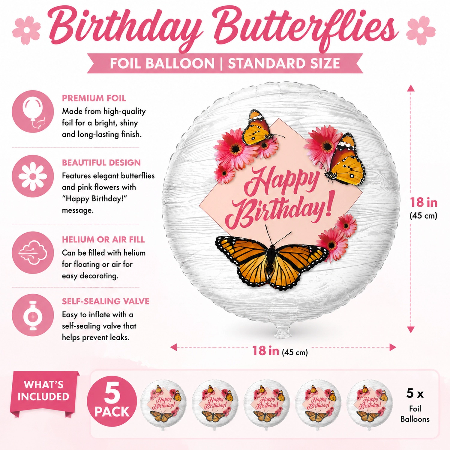 LoonBalloon Birthday Butterflies Foil Balloon 5-Pack, 18 in