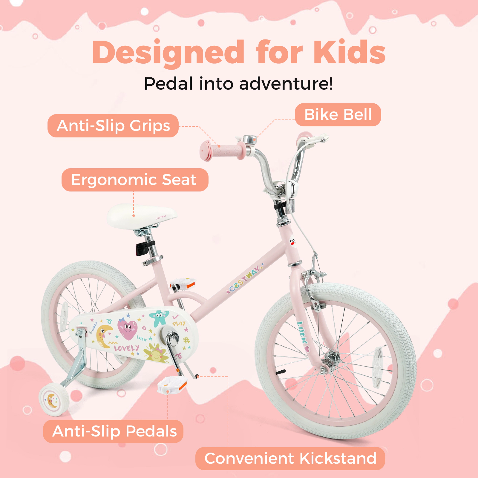 LJG Kids Bike Adjustable Children Pink - Stars & Moon