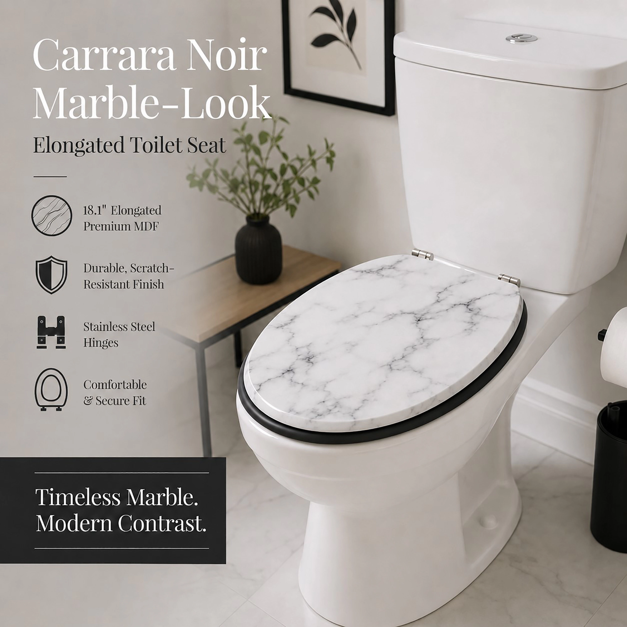 Evideco French Home Goods Carrara Noir Marble-Effect Elongated 18 Inch Toilet Seat