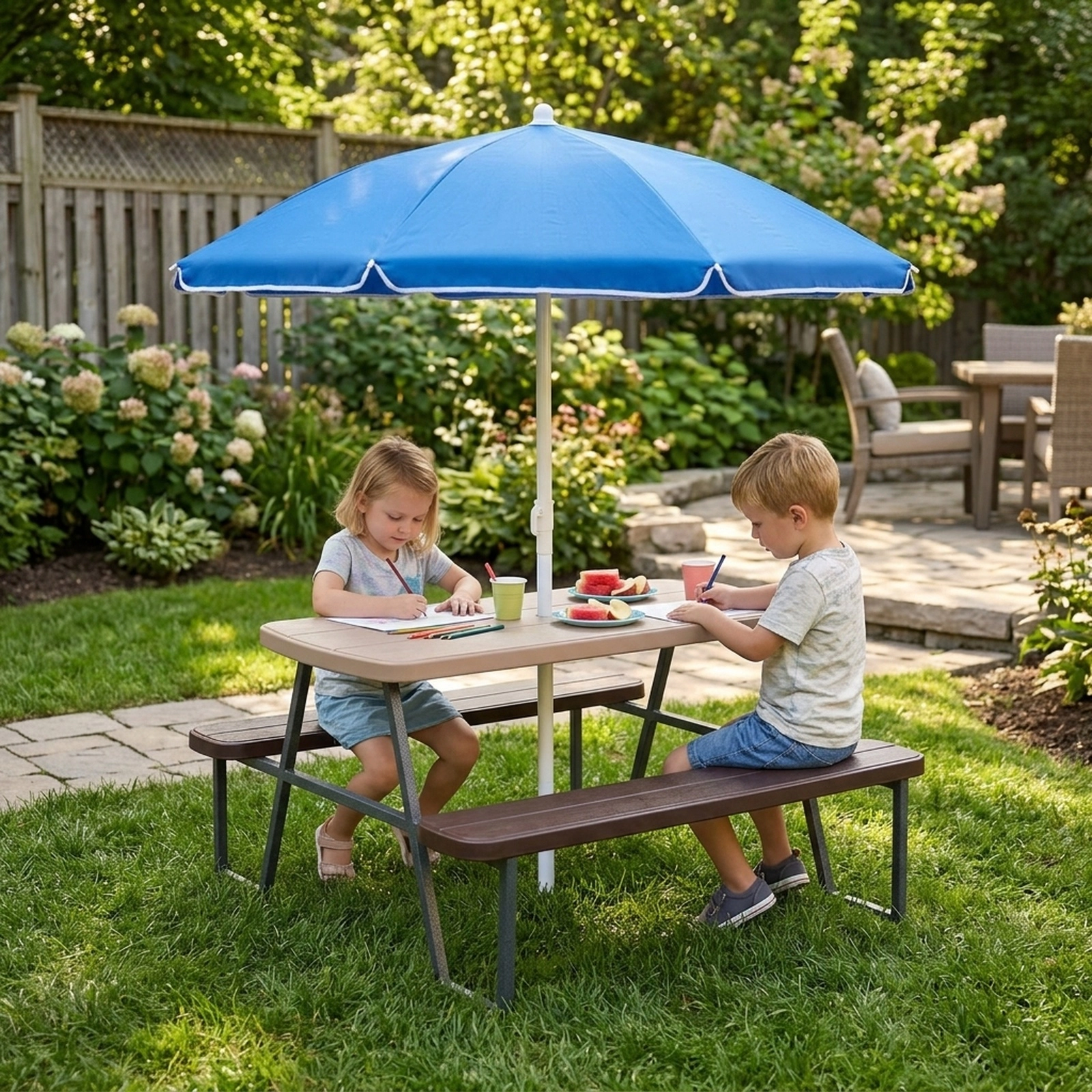 SUGIFT 4-Seat Kids Picnic Table with Foldable Umbrella, HDPE Top, Brown