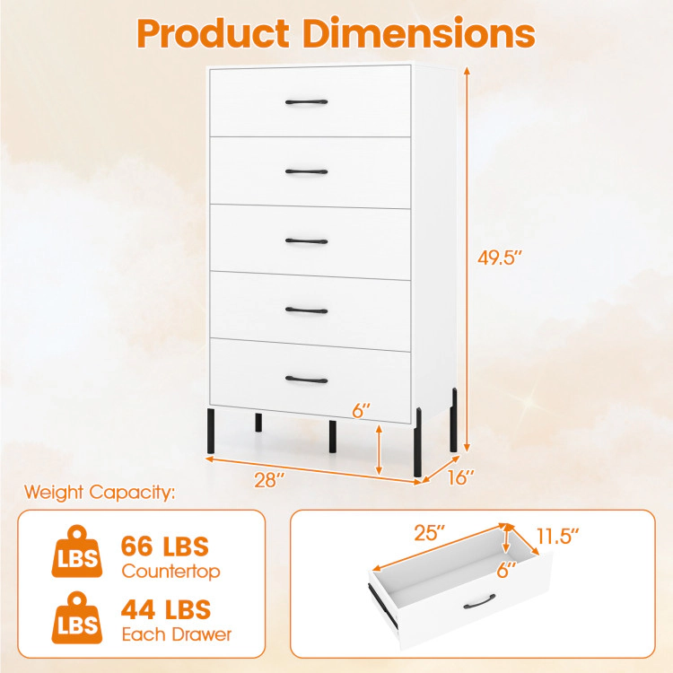 Hivvago 5-Drawer Modern Tall Chest Of Drawers With Metal Legs