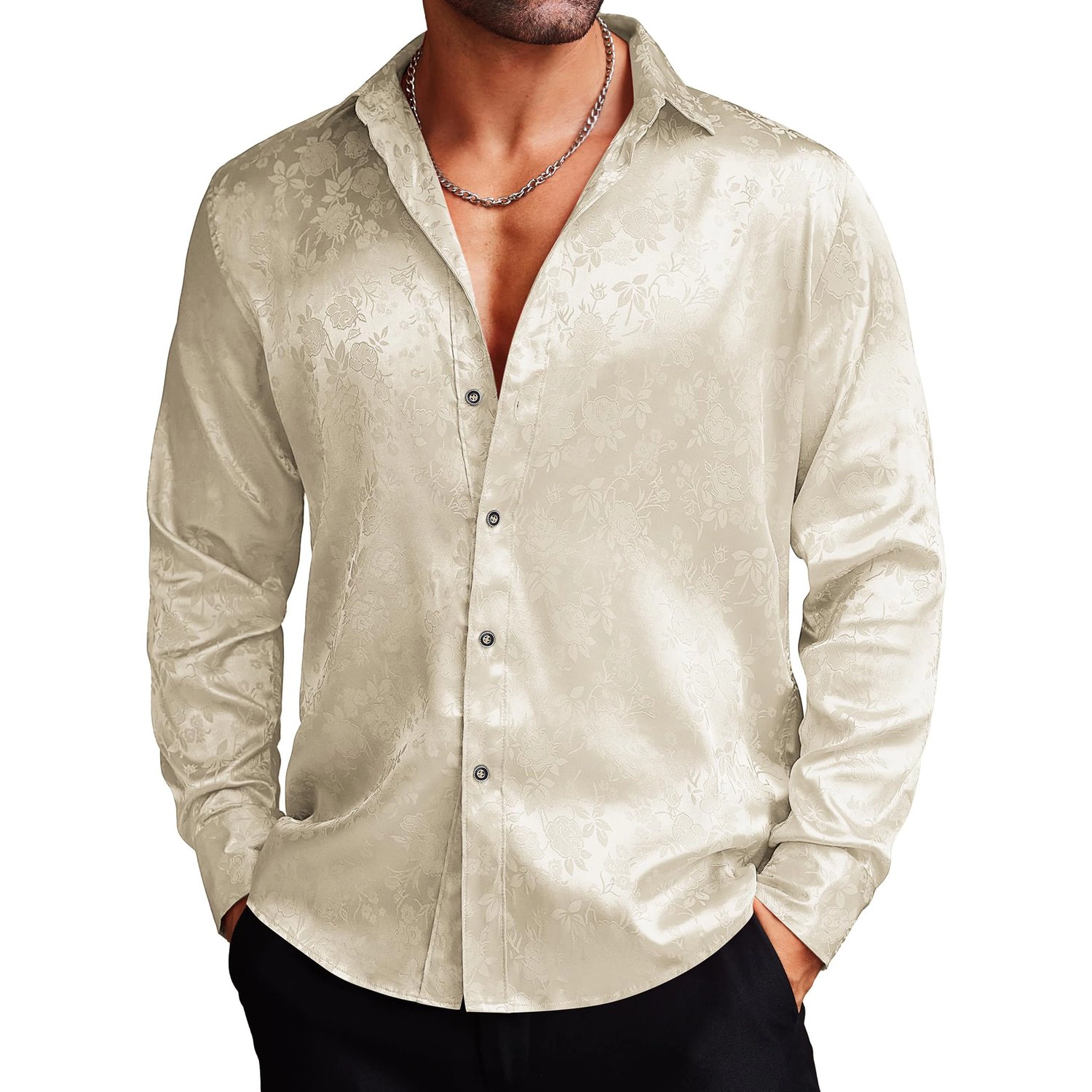 COOFANDY Mens Dressy Long Sleeve Shirts V Neck Floral Button Down Casual Fall Tops