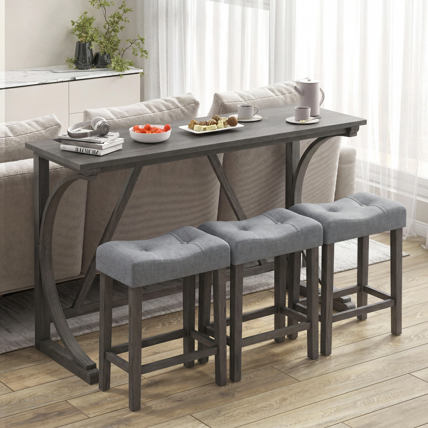 LJG 4-Piece Bar Table Set with Power Outlet and Upholstered Saddle Seat Stools