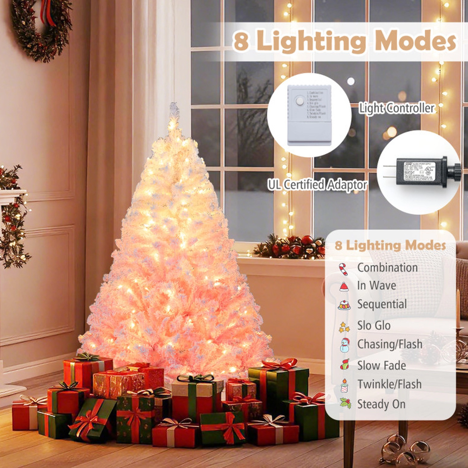SUGIFT 5-ft Snow Flocked Gradient Hinged Artificial Christmas Tree 456 Tips 180 Warm White LEDs 16-in Stand Pink
