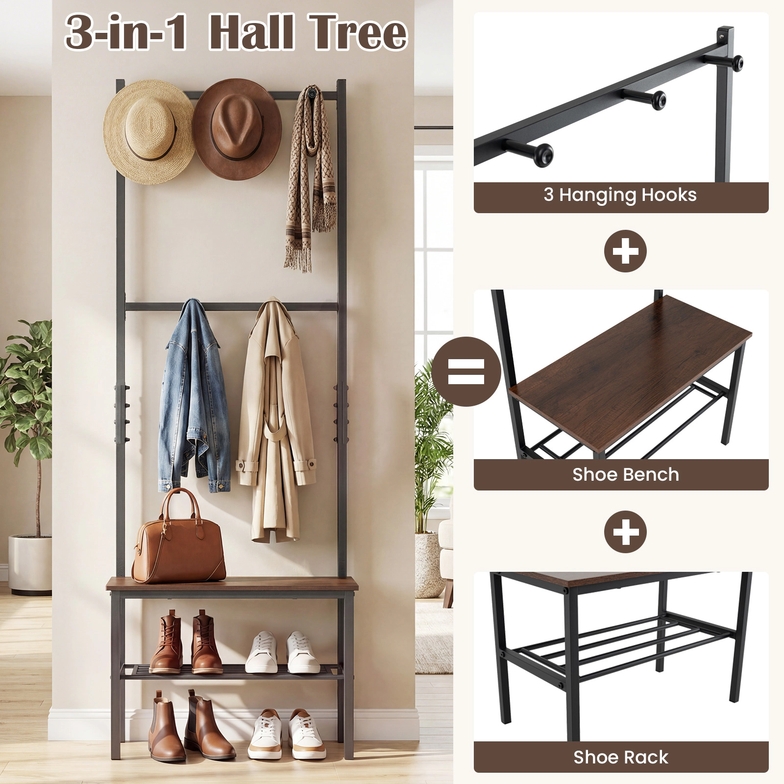 SUGIFT 3-in-1 Freestanding Hall Tree Entryway Bench with Hooks 65-in Tall 220-lb Bench Capacity Rustic Brown + Black