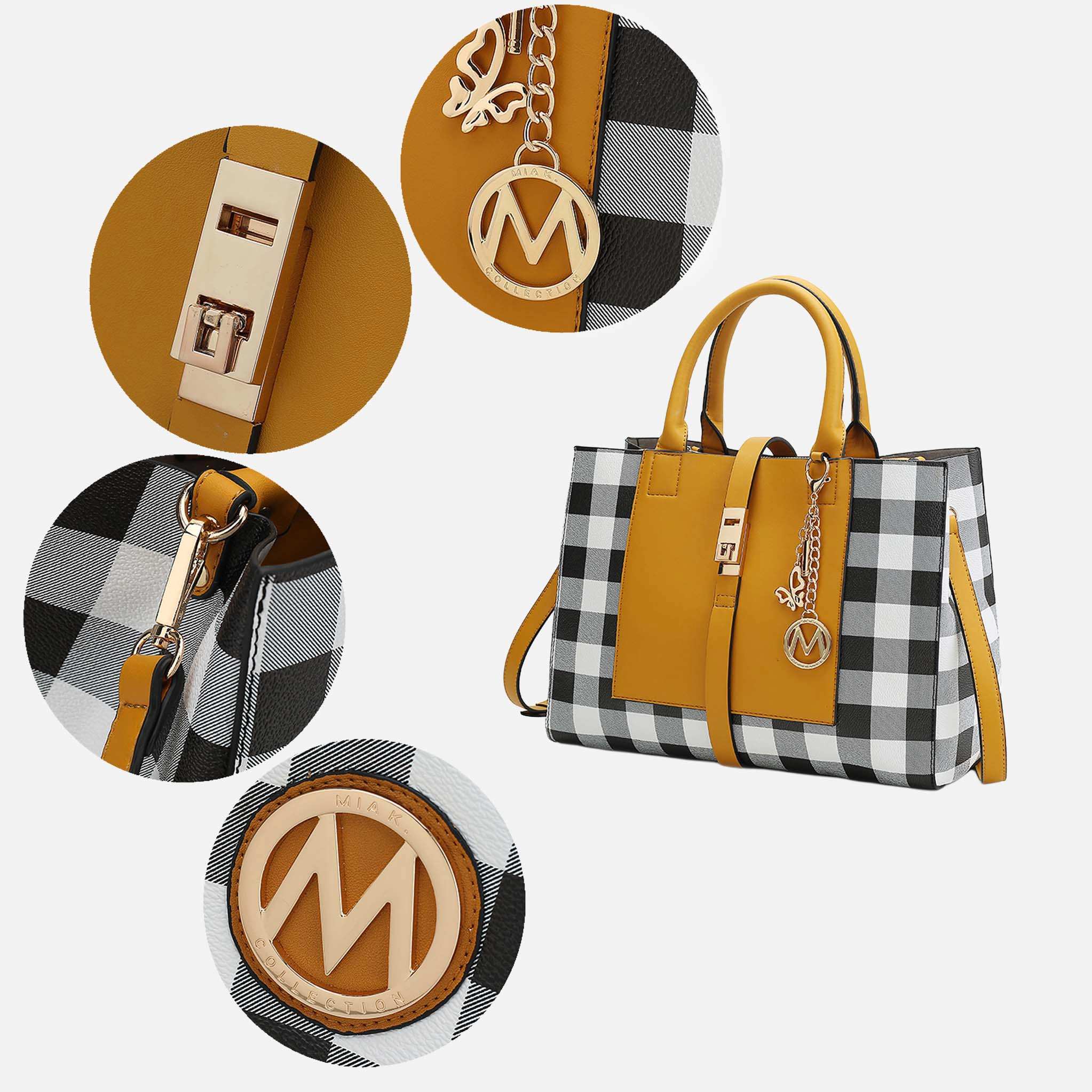 MKF Collection Yuliana Checked Satchel with Matching Wallet - Vegan Leather, Gold-Tone Hardware