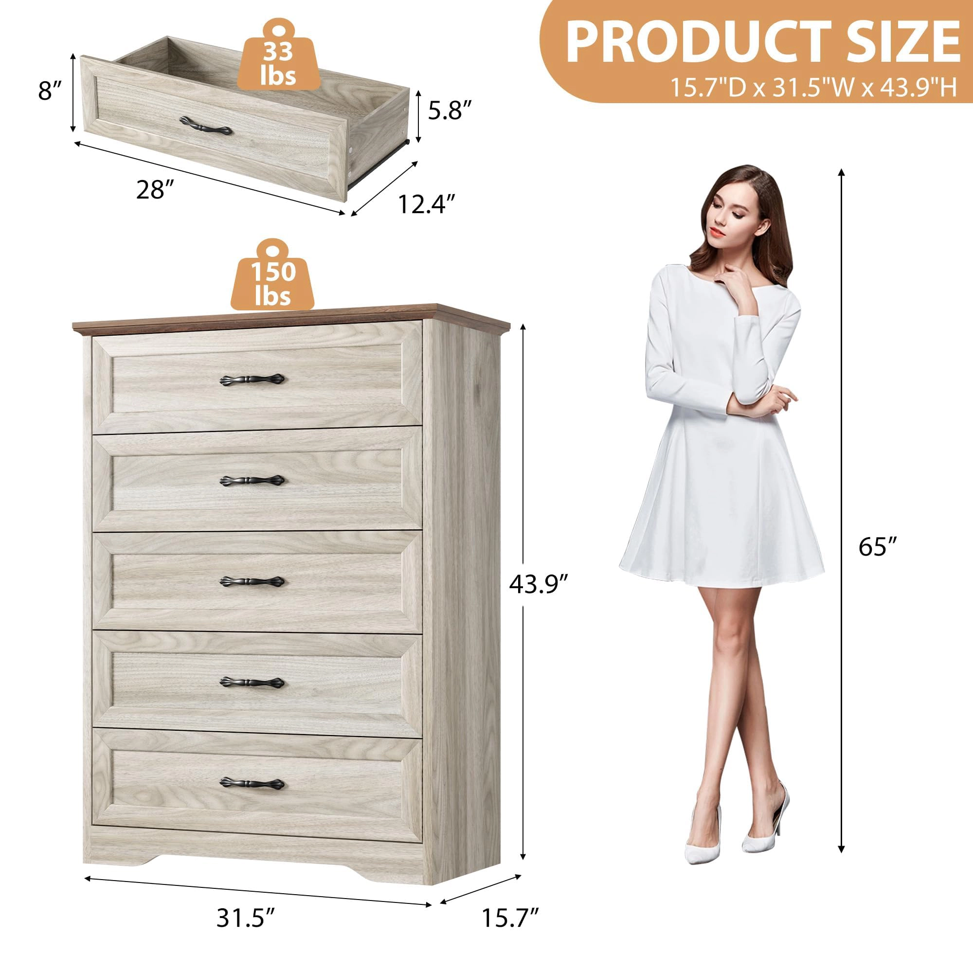 Farmhouse 5 Drawer Dresser with Metal Handles, 44" Tall Wooden Storage Cabinet for Bedroom Living Room