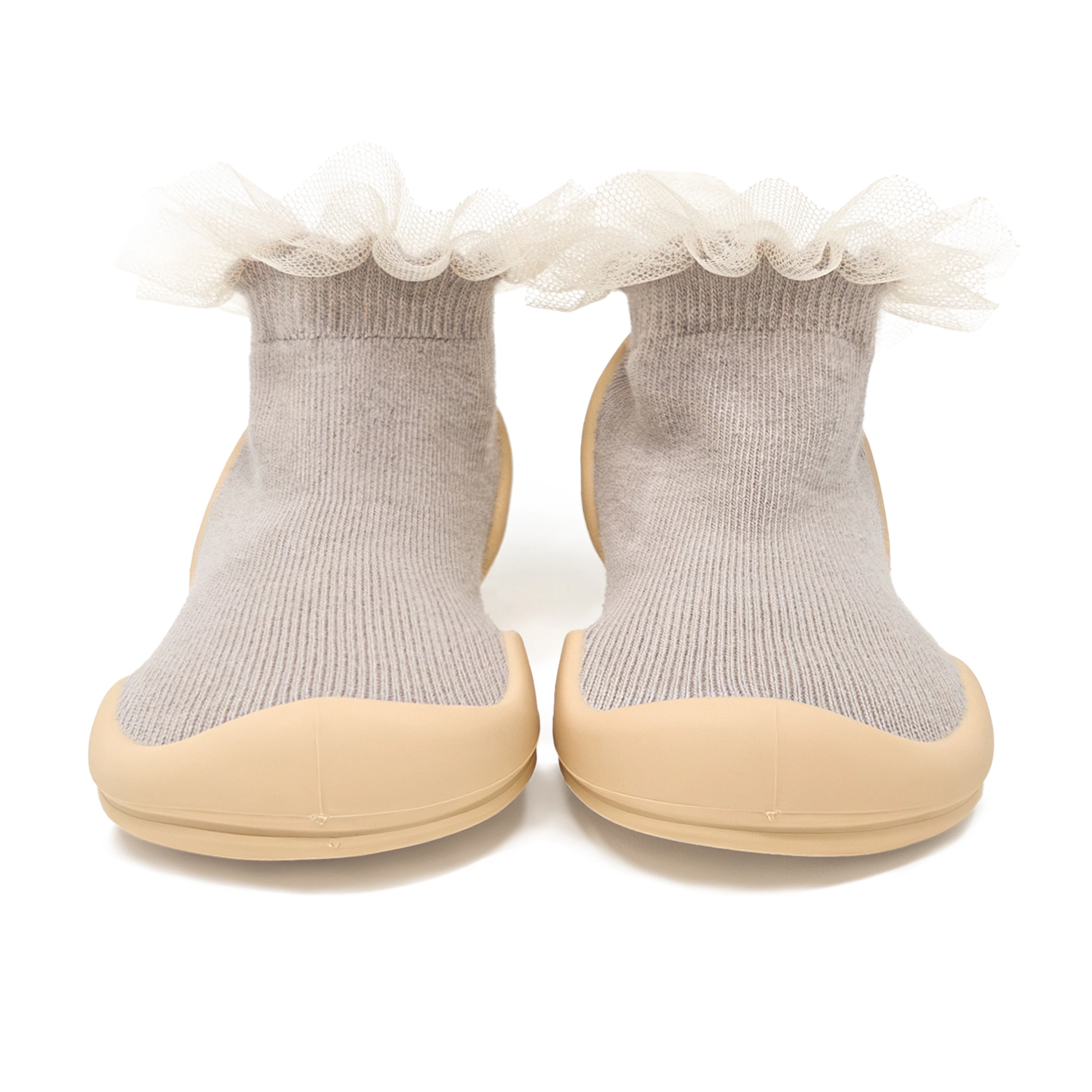 Komuello Toddler Girl First Walk Sock Shoes Lace Trim - Tull Beige