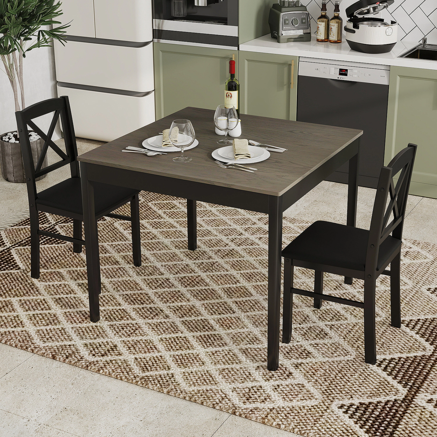 LJG 3-Piece Dining Table Set Wooden Square Kitchen for 2 People