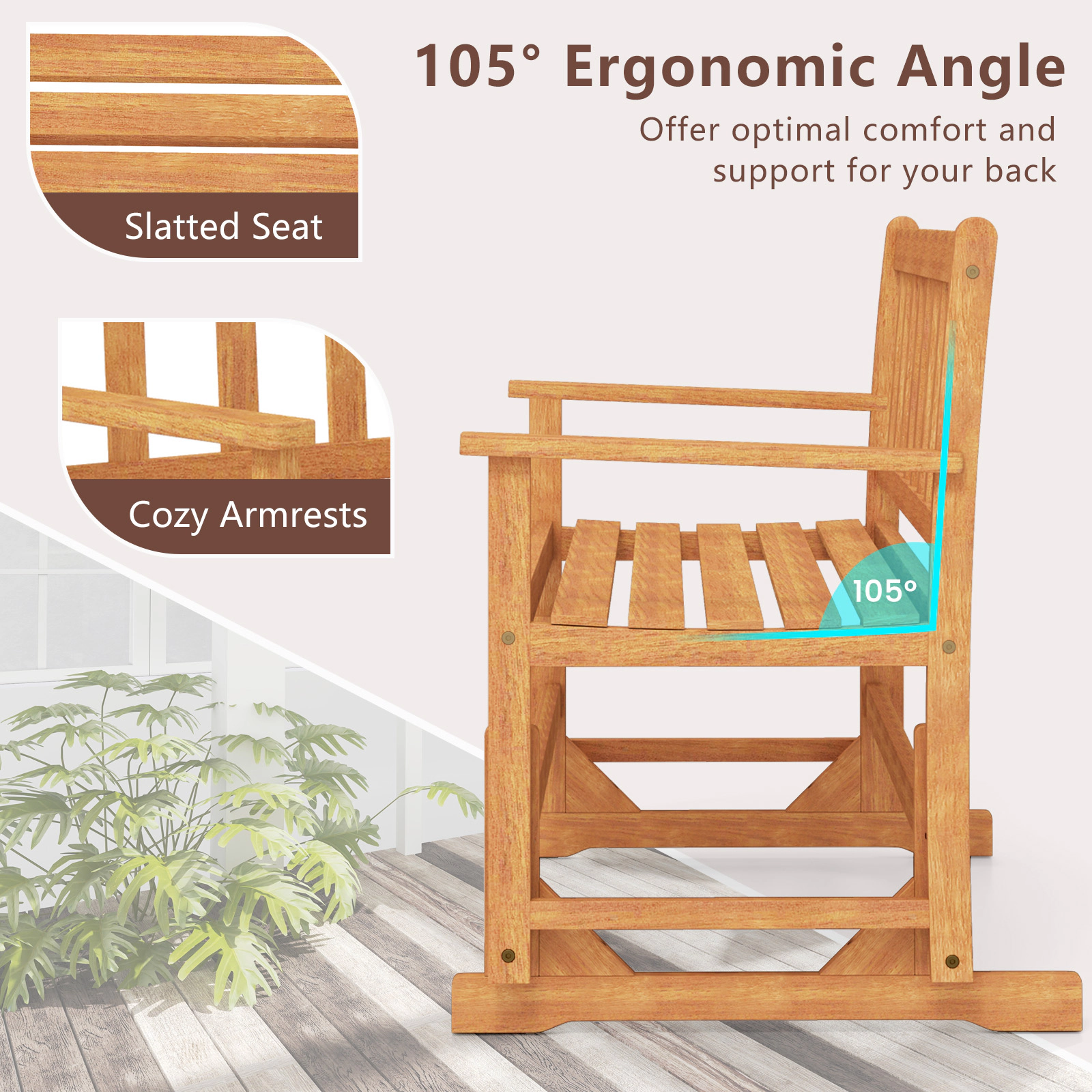 SUGIFT Natural 2-Person Patio Swing Rocking Loveseat Outdoor Acacia Wood Glider Bench