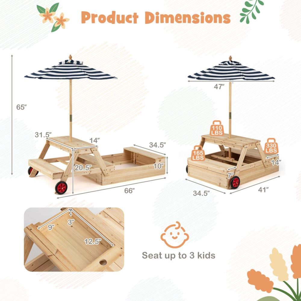 Hivvago 2-in-1 Wooden Sandbox with Foldable Umbrella and Convertible Picnic Table