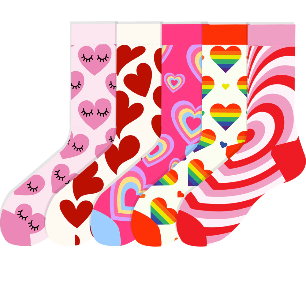 Wardrobe Whimsy 5 Pairs Women's Heart Print Crew Socks Colorful Fun Novelty Patterns Stocking