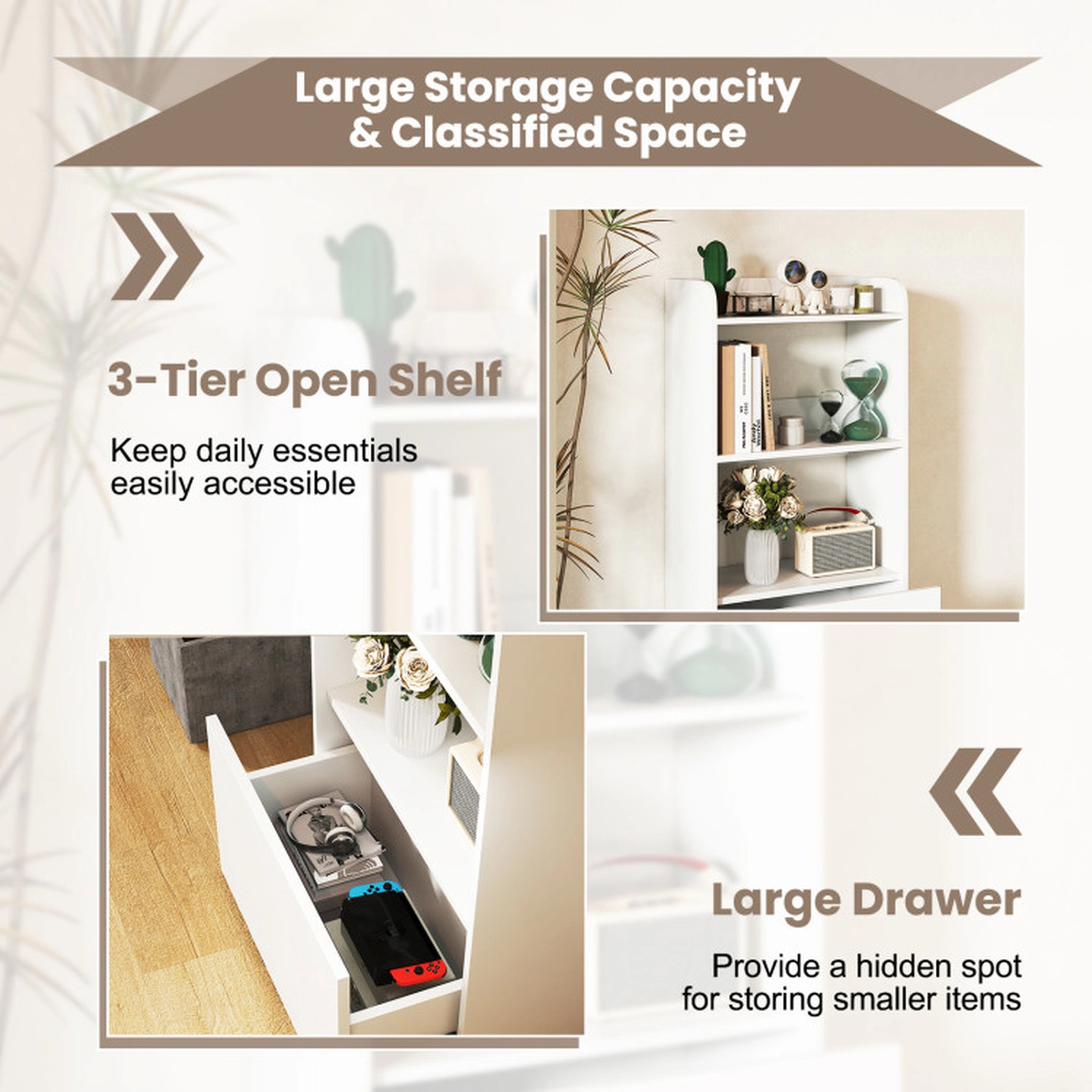 SUGIFT 3-Tier White 41.5-in Freestanding Bookshelf with Storage Drawer and Side Guardrails for Bedroom