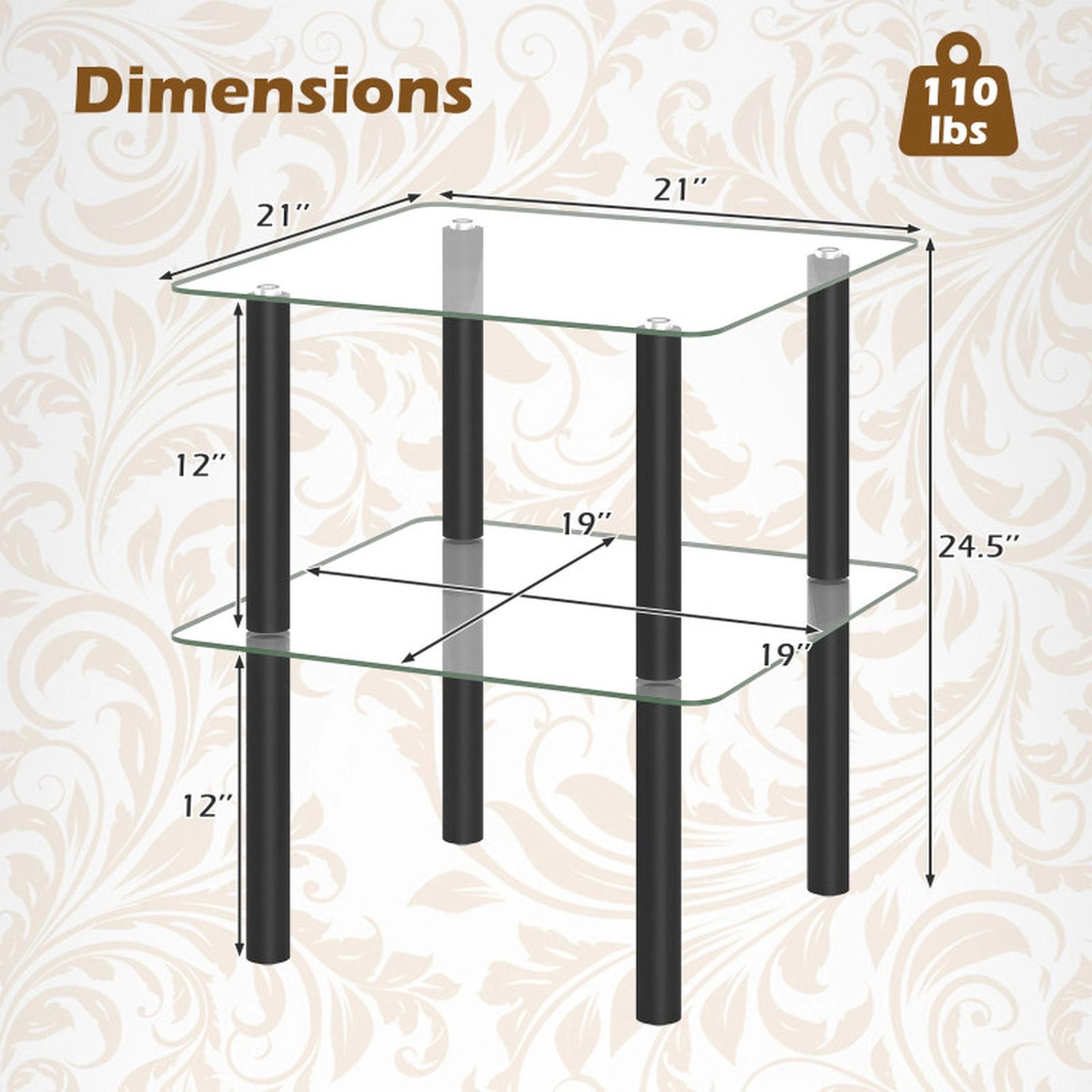 SUGIFT Clear Tempered Glass Top and Storage Shelf 2-Tier Black Square End Table