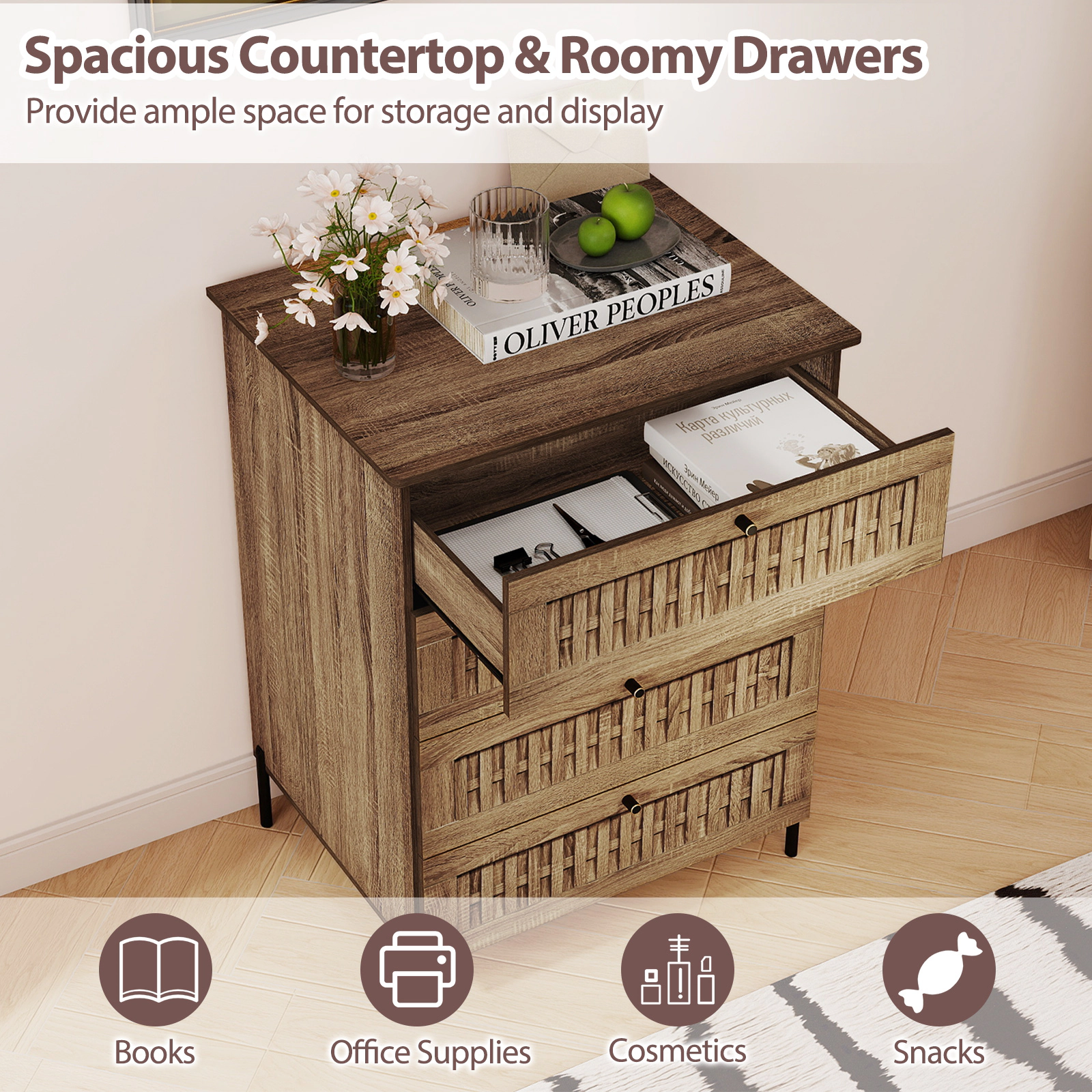 Glintex 4-Drawer Dresser with Rattan-Textured Fronts and Metal Legs, Caramel Oak + Black