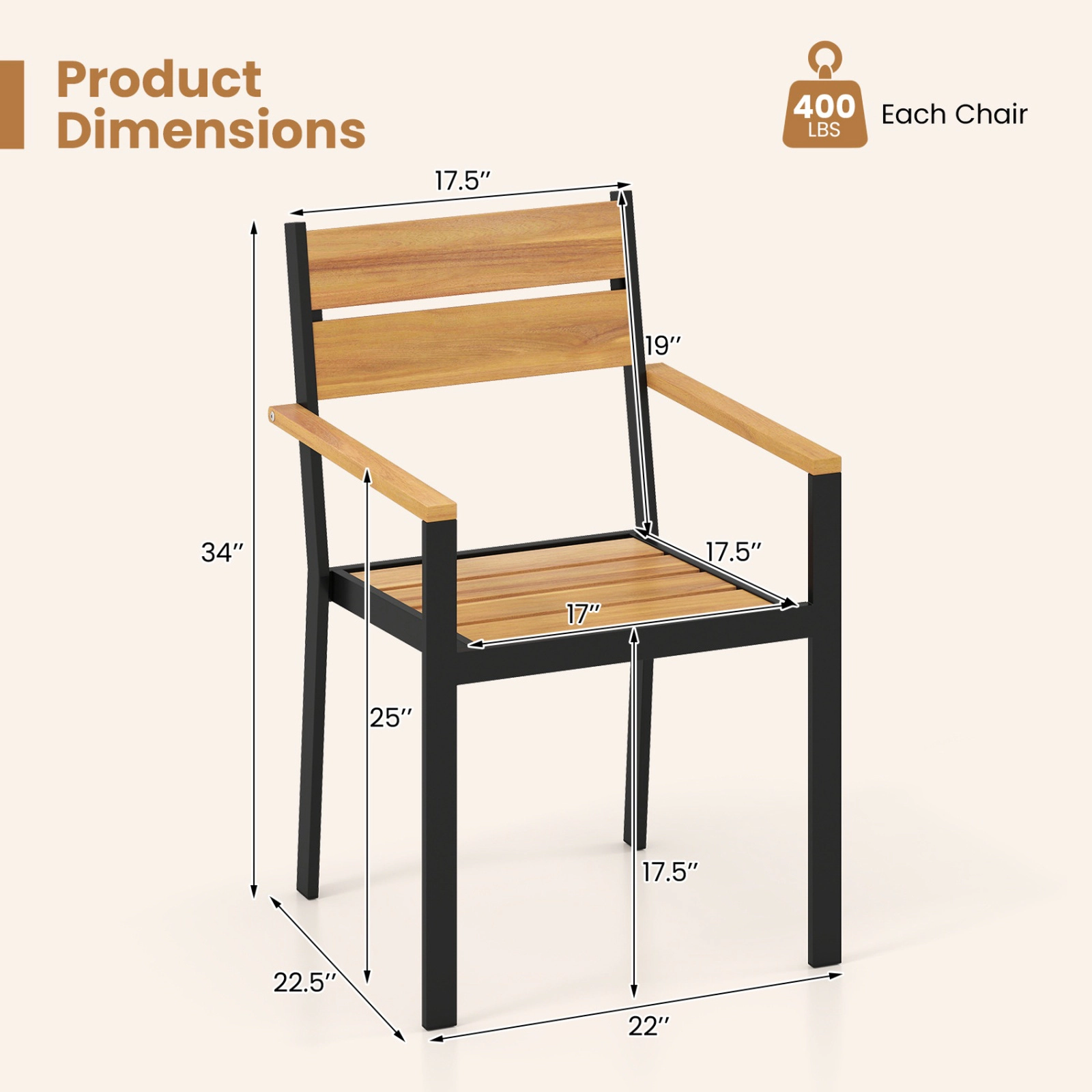 SUGIFT 2-Piece Stackable Outdoor Patio Dining Chair Set with Acacia Wood Armrests 400-Lb Capacity Brown Black