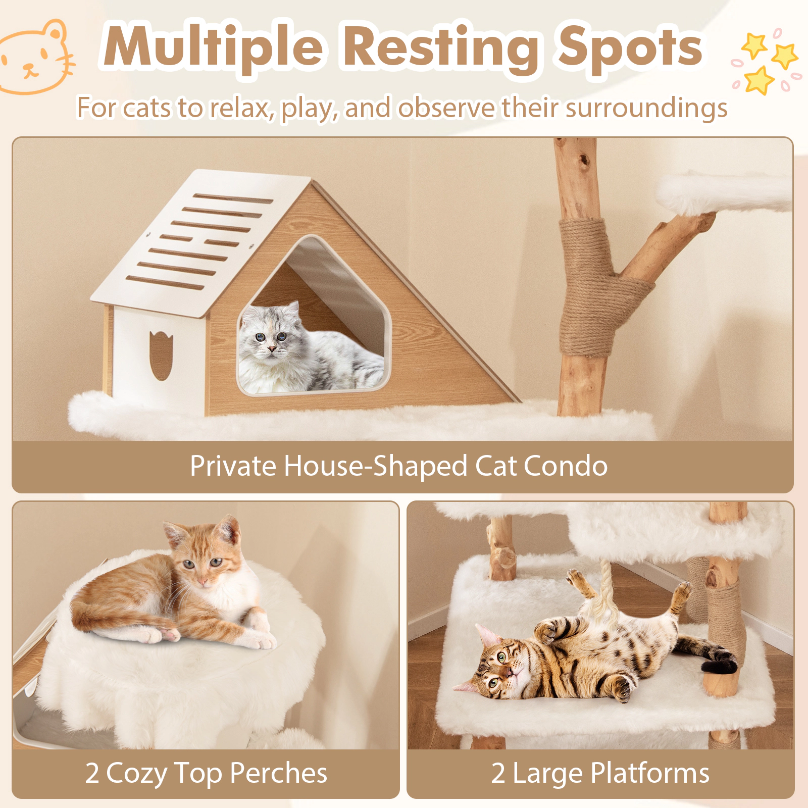 SUGIFT 60-in Solid Wood Modern Cat Tree Tower with Pear Wood Trunks 2 Perches and Vented Condo for Cats