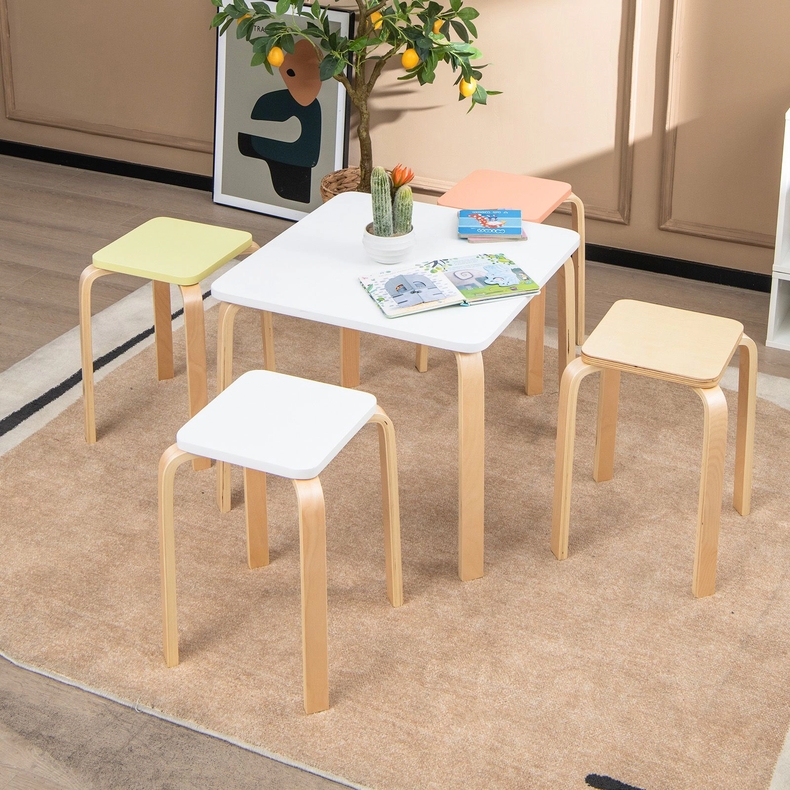 SlickBlue Unisex Set of 4 Stackable Wooden Stools