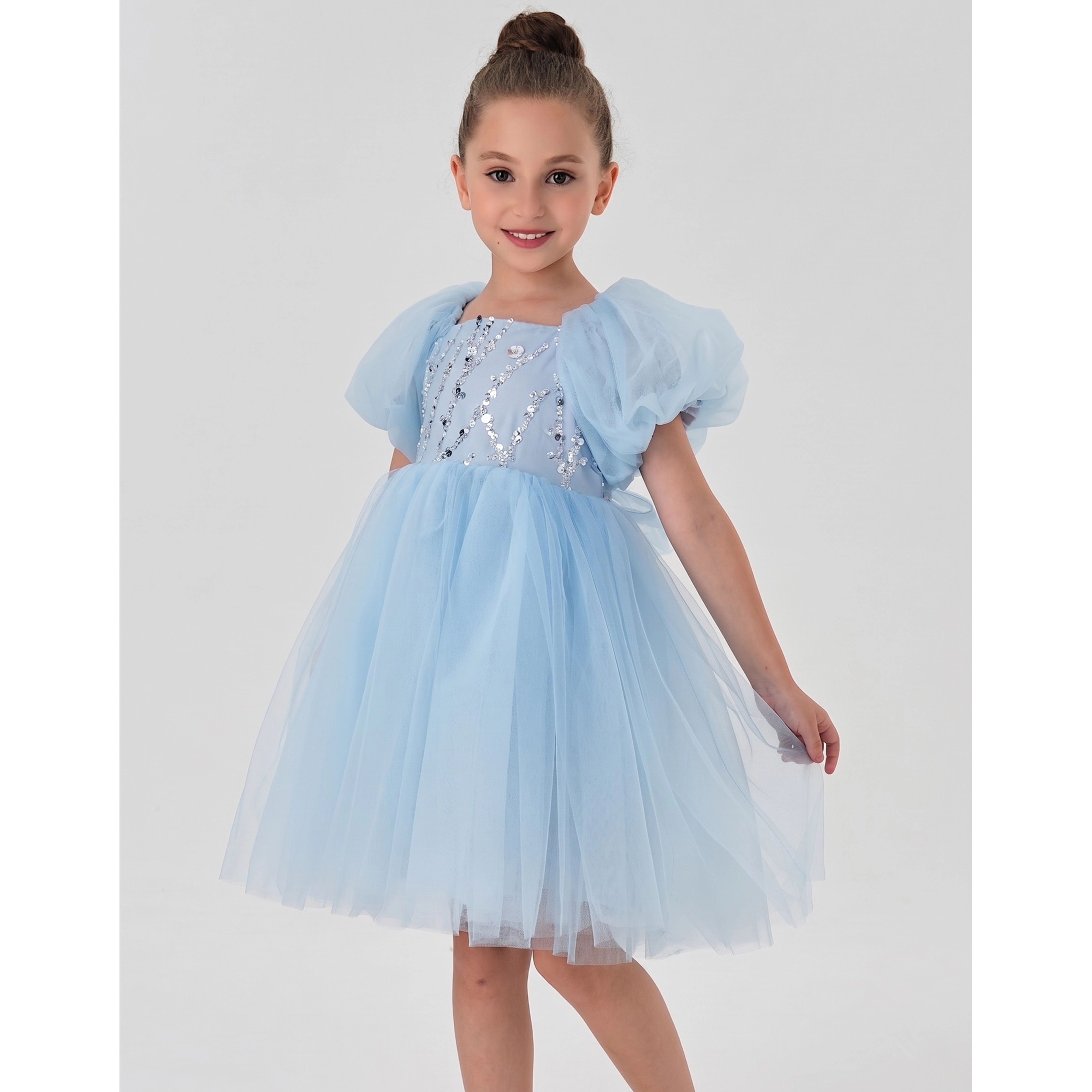 2Bunnies Girls’ Sequin Embellished Puff Sleeve Tulle Princess Party Dress