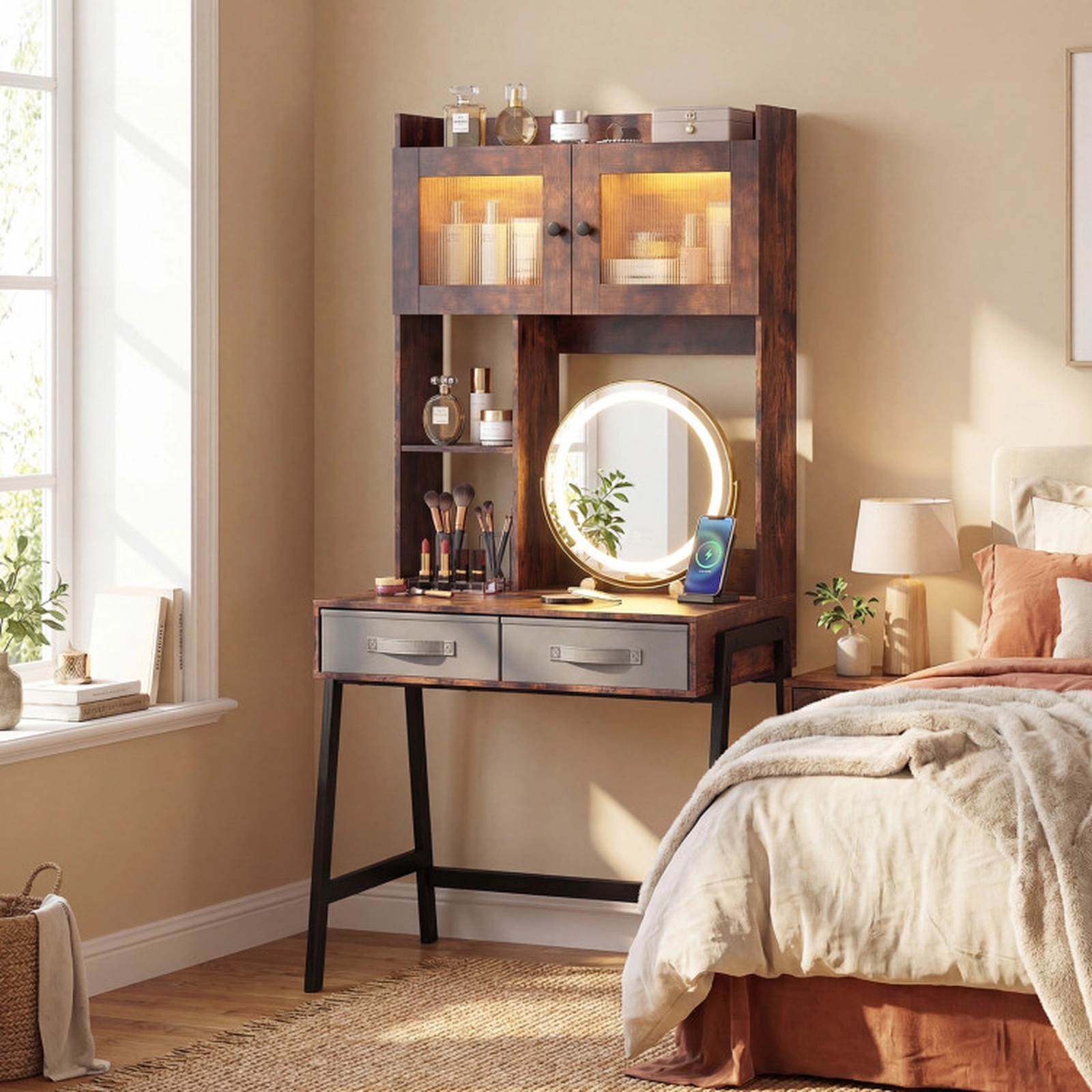 SUGIFT 67 in Vanity Desk with Rotating 16 in Mirror, Dimmable Lights and Storage
