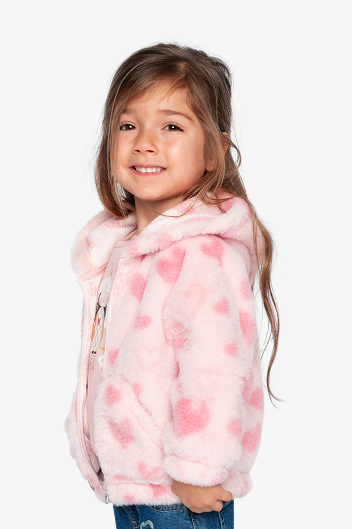 Deux par Girls Heart Jacquard Hooded Full Zip Faux Fur Jacket