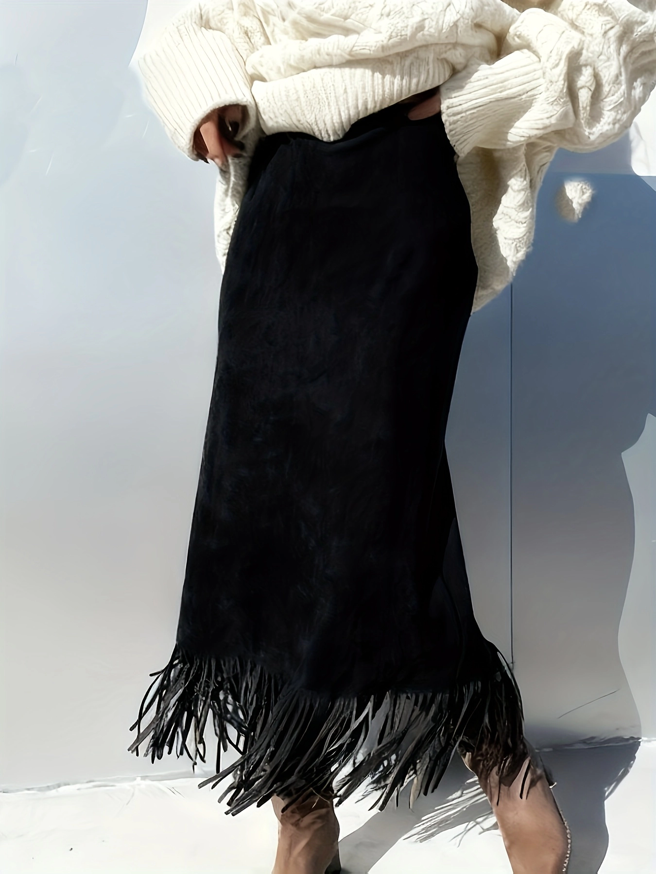 BLUEMING Womens Fringe Trim Faux Suede Skirt Boho High Waisted Pencil Dressy Fall Winter Midi Long Skirt Vacation Street