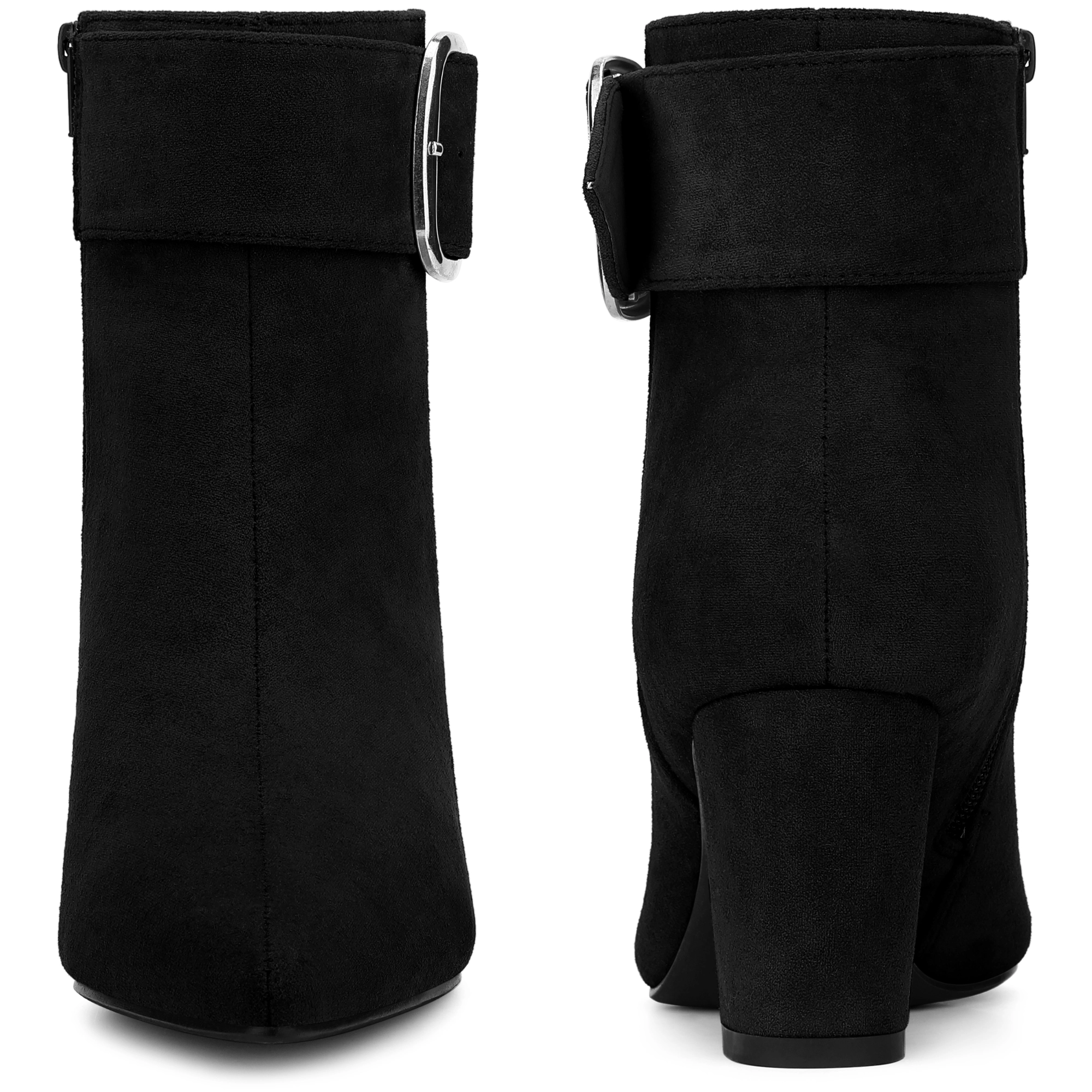 BLISSFUL STEP Women Faux Suede Pointed Toe Square Buckle Chunky Heels Ankle Boots