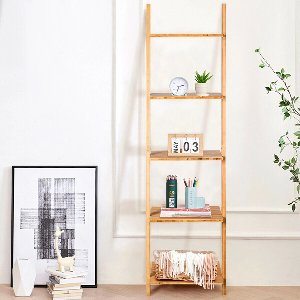 SlickBlue 65 Inch 5-Tier Wicker Leaning Bookshelf