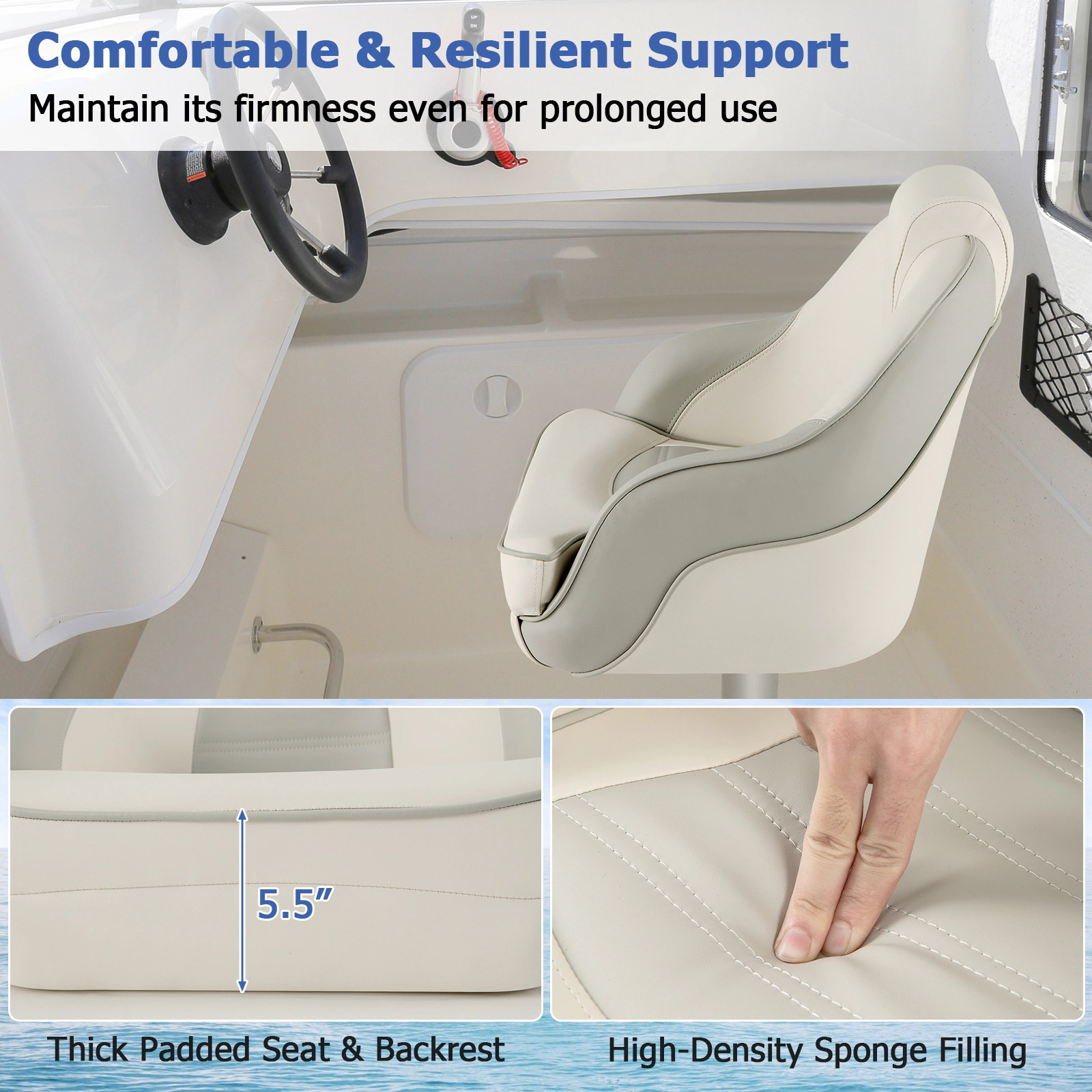 SUGIFT 330-lb Capacity Waterproof PVC Leather Captain Bucket Boat Seat with Armrests and Headrest Pillow