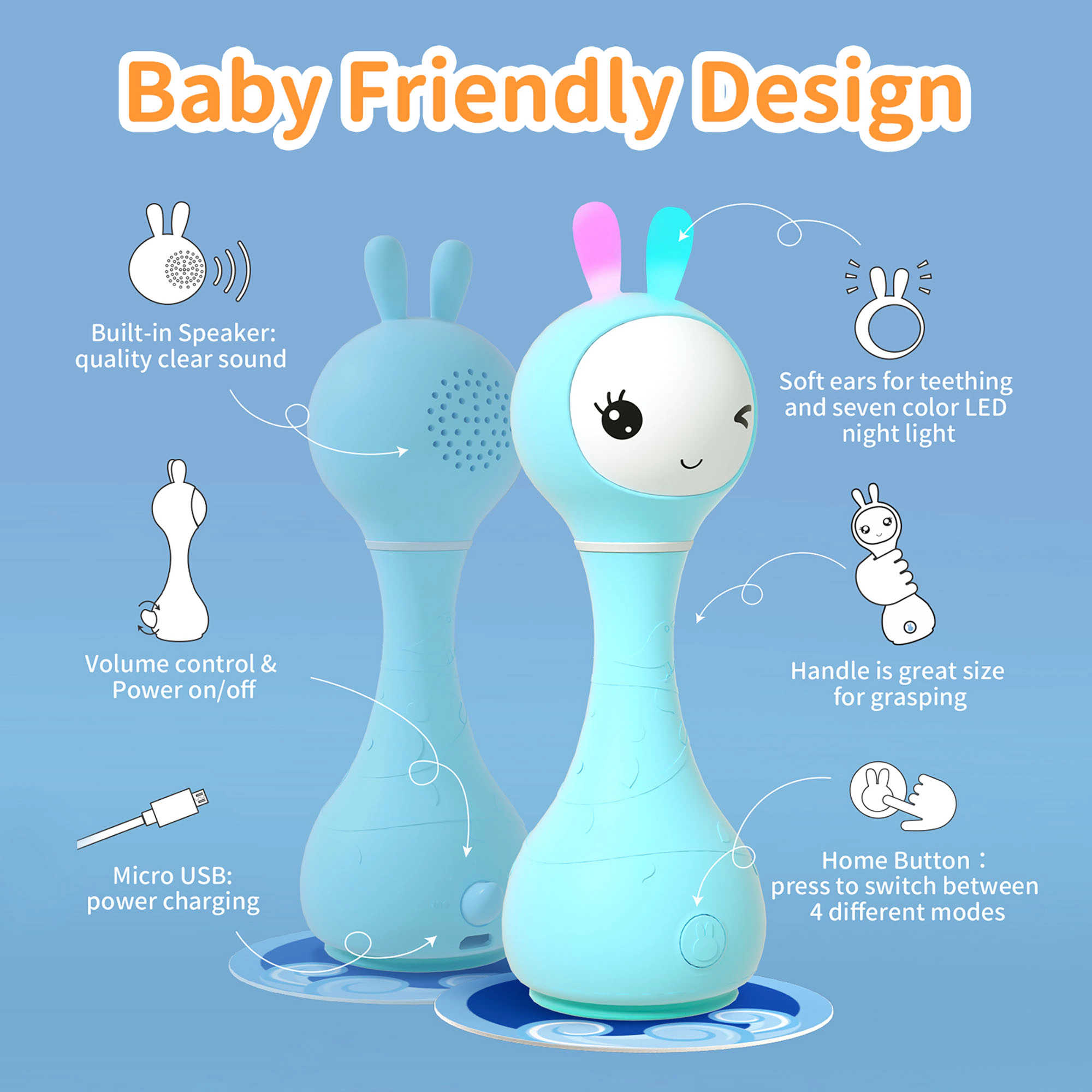 Alilo Smarty Bunny Interactive Baby Rattle with Color Recognition, Music, Lights & Teething Ears
