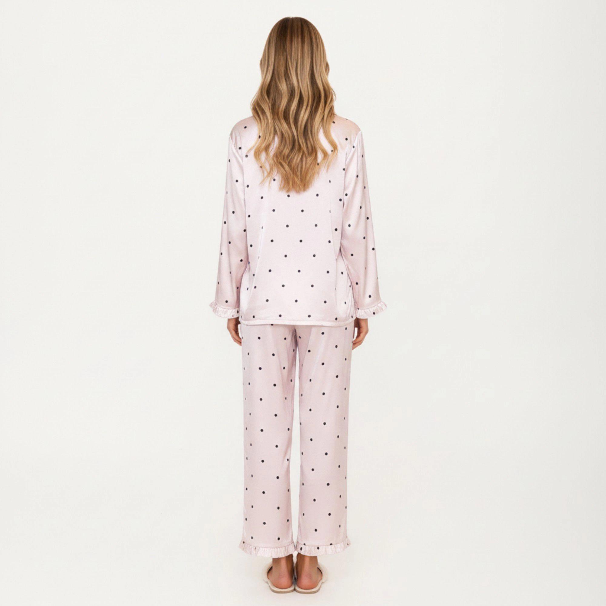 Anna-Kaci Women's 2-Piece Polka Dot Satin Button Front Pajama Top with Ruffle Trim and Matching Relaxed Fit Lounge Pants