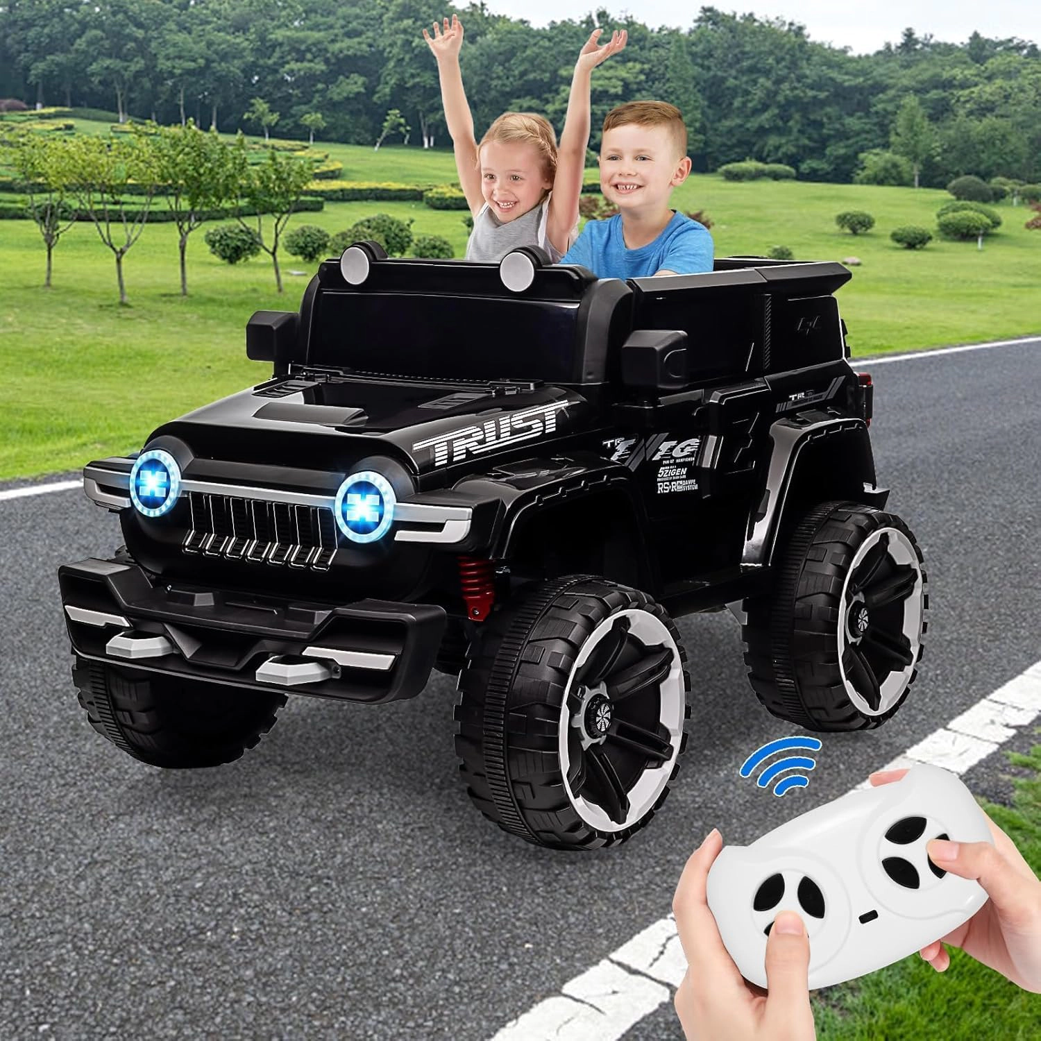 12V 2-Seater Kids Ride On Truck, 4WD Electric Car w/Remote Control, Dual Motors, Music, LED Lights, Spare Tire