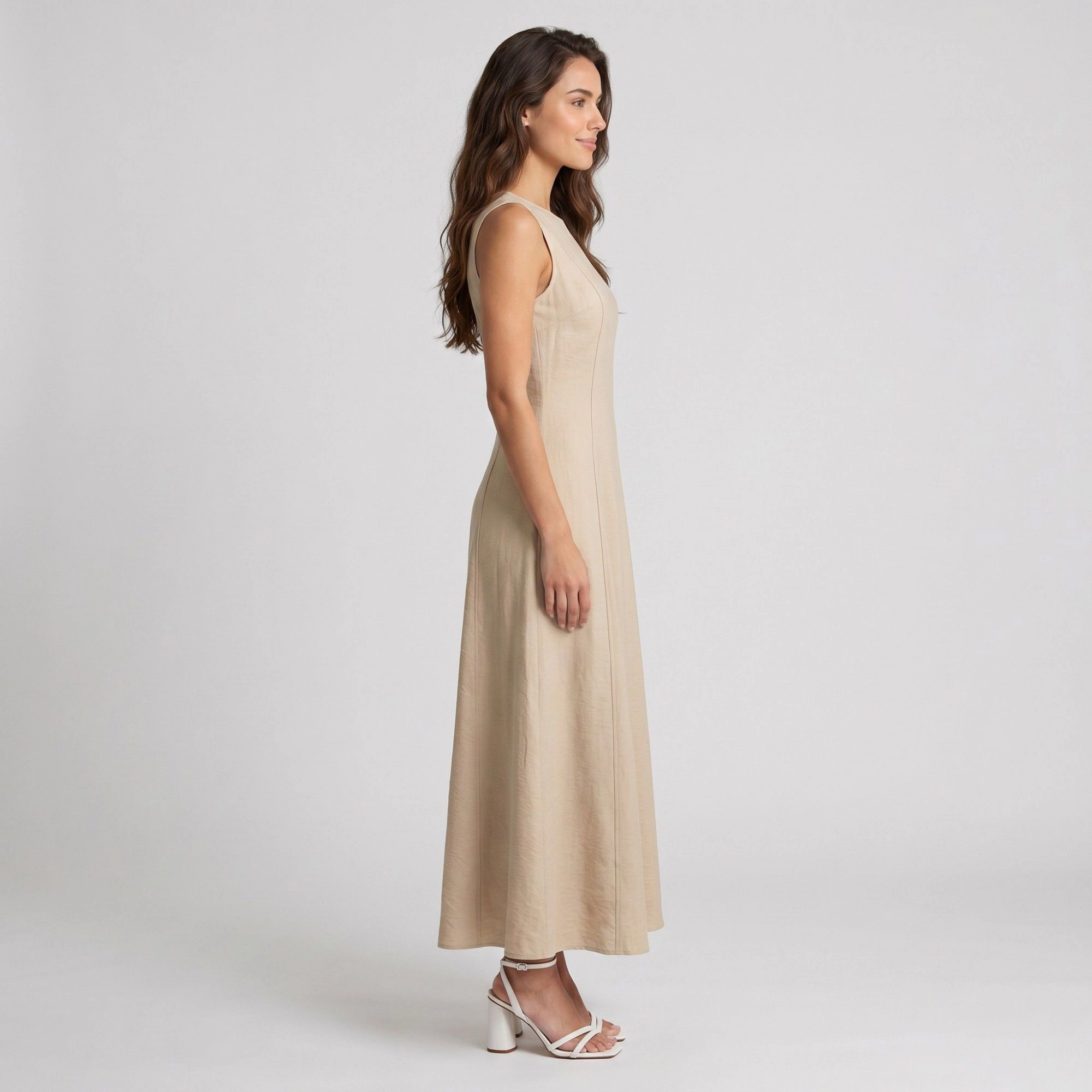 Anna-Kaci Women's Sleeveless Round Neck Panel Seam Fitted A-Line Skirt Woven Drape Maxi Dress