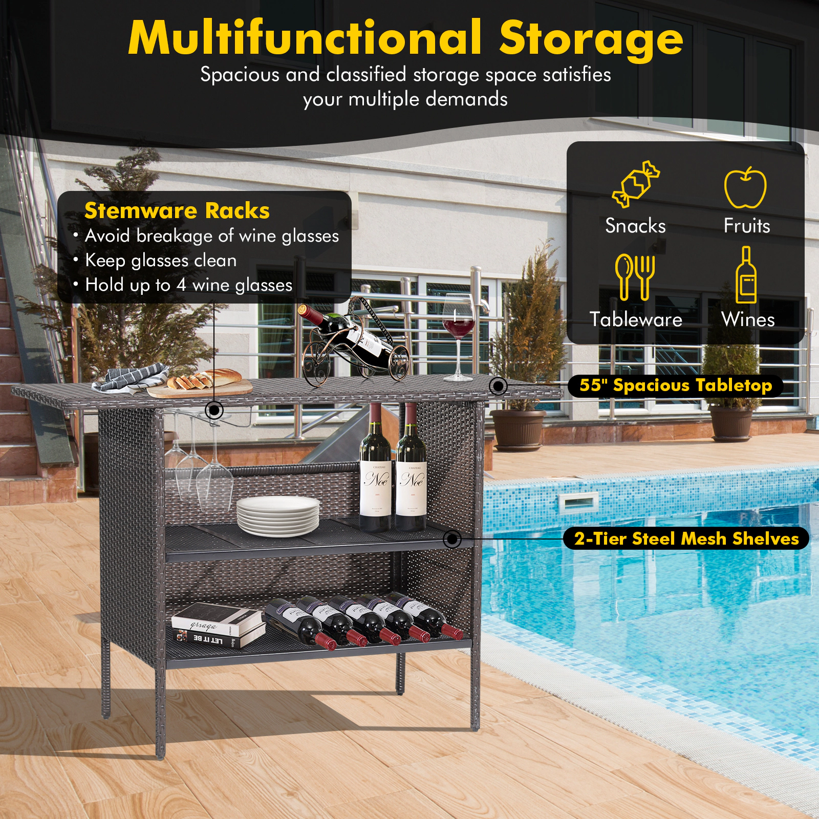 SUGIFT Outdoor Wicker Bar Table 2 Metal Mesh Shelves 77-lb Tabletop Capacity 55 x 18.5 x 36 in Mix Brown PE Rattan Steel