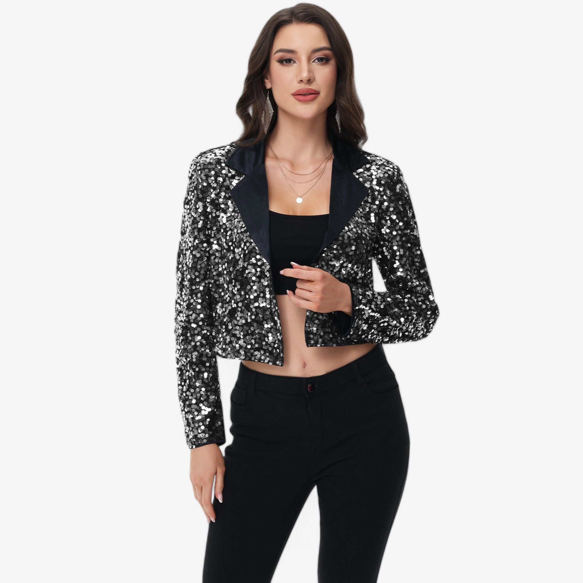 Anna-Kaci Women's Sequin Cropped Blazer Long Sleeve Sparkly Open Front Jacket