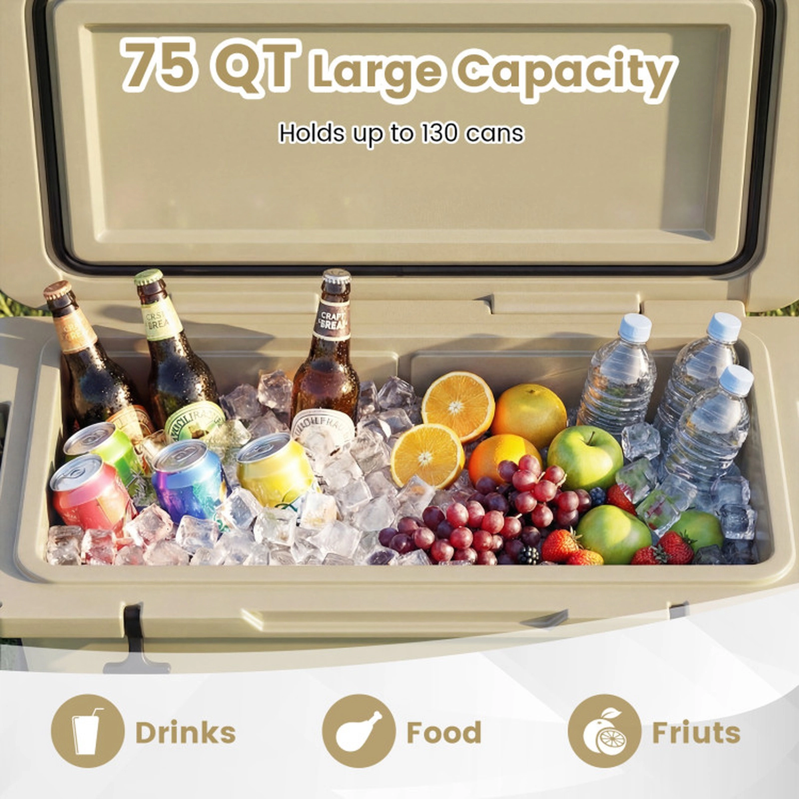 SUGIFT 75 Quart Portable Hard Cooler with 6-Day Ice Retention 440-lb Top Load Capacity Gray/Khaki